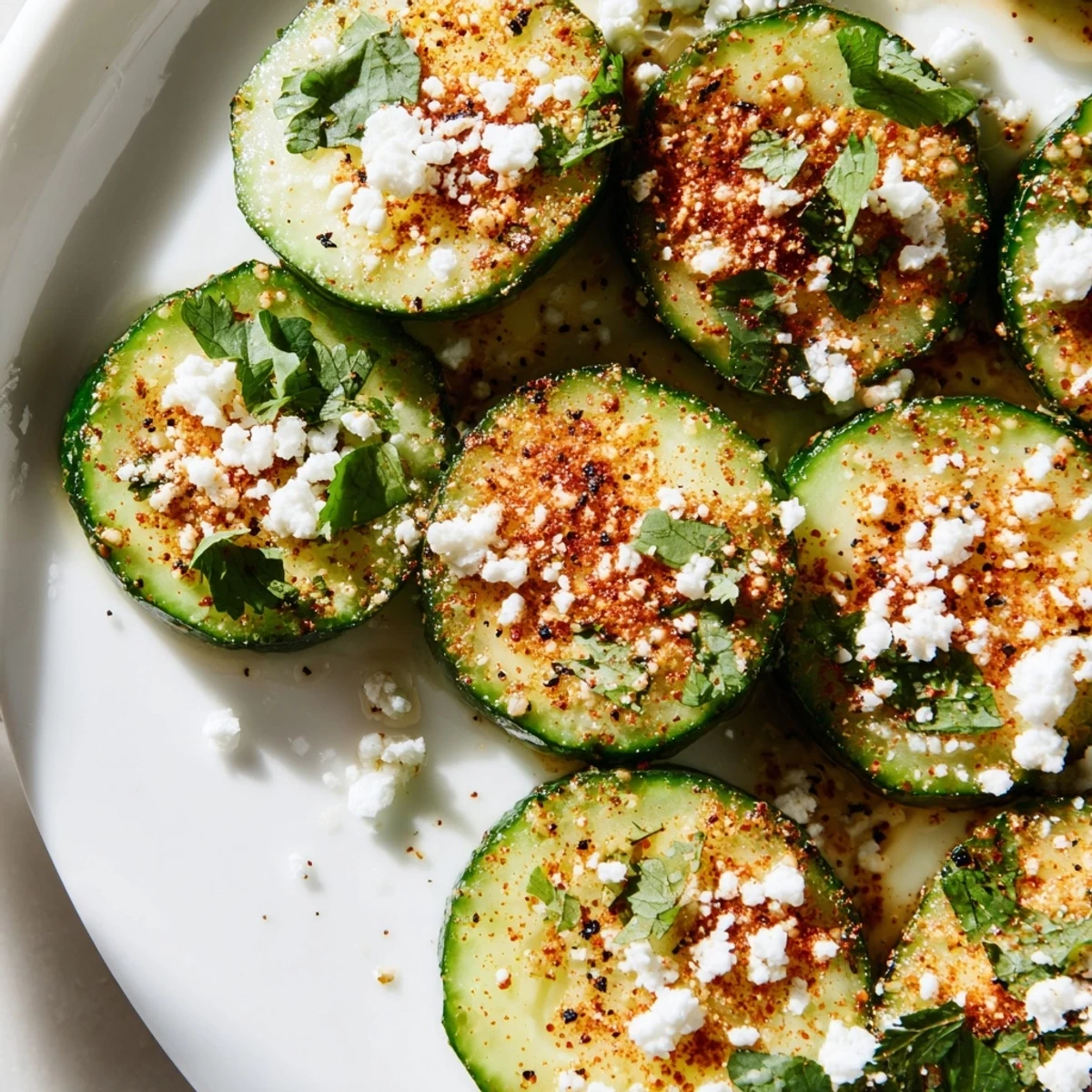 Crisp cucumber rounds coated in tangy lime and chili powder in Mexican Style Cucumbers garnished with fresh cilantro
