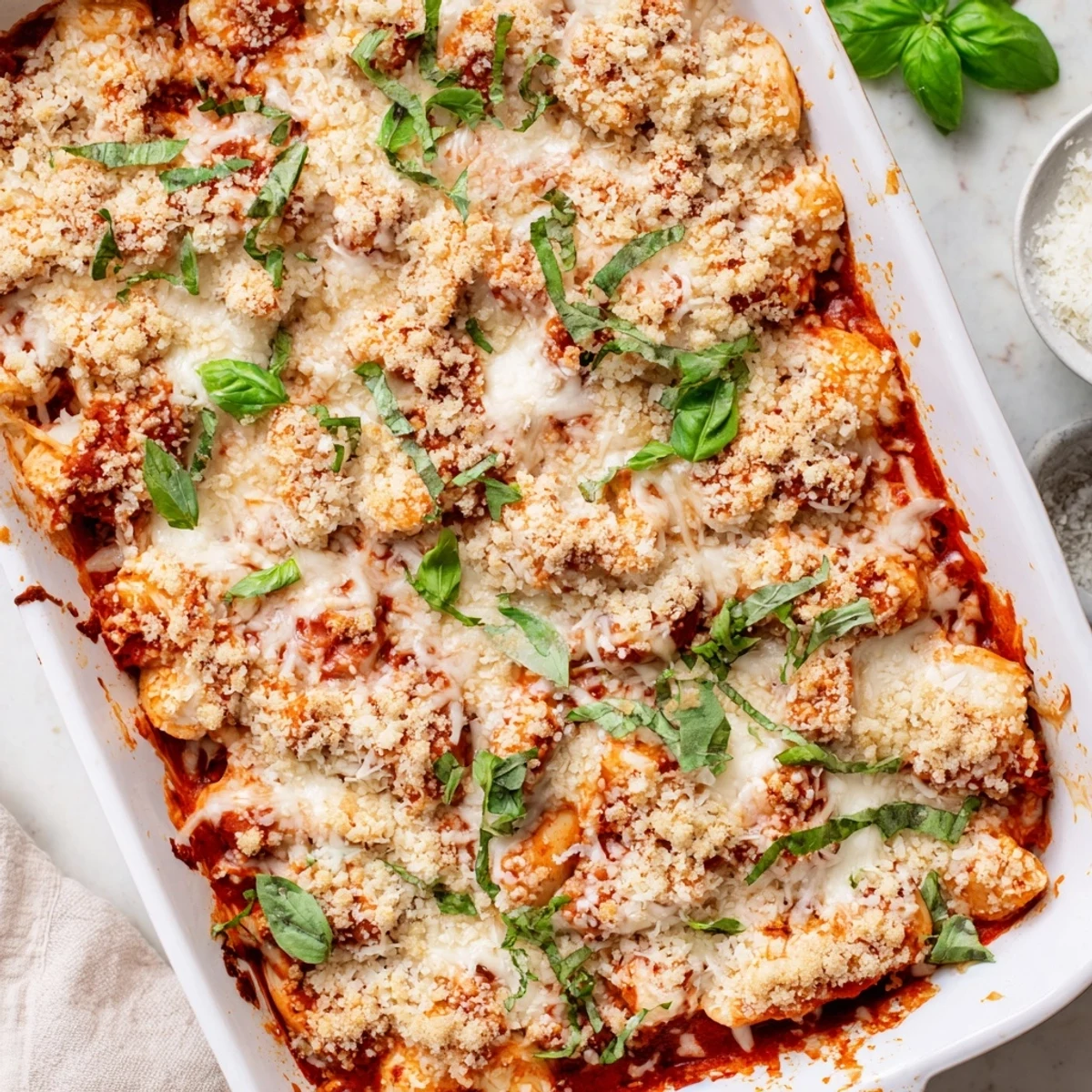 Uplifting Keto Chicken Parmesan Casserole plated beside roasted vegetables for a comforting low carb dinner.