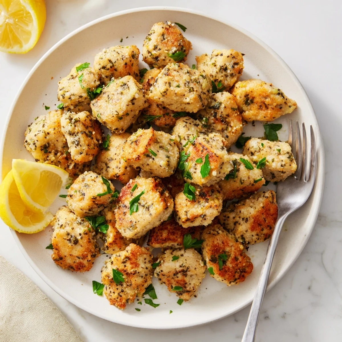 Tender lemon garlic chicken bites arranged on a serving platter with chopped parsley and fresh lemon