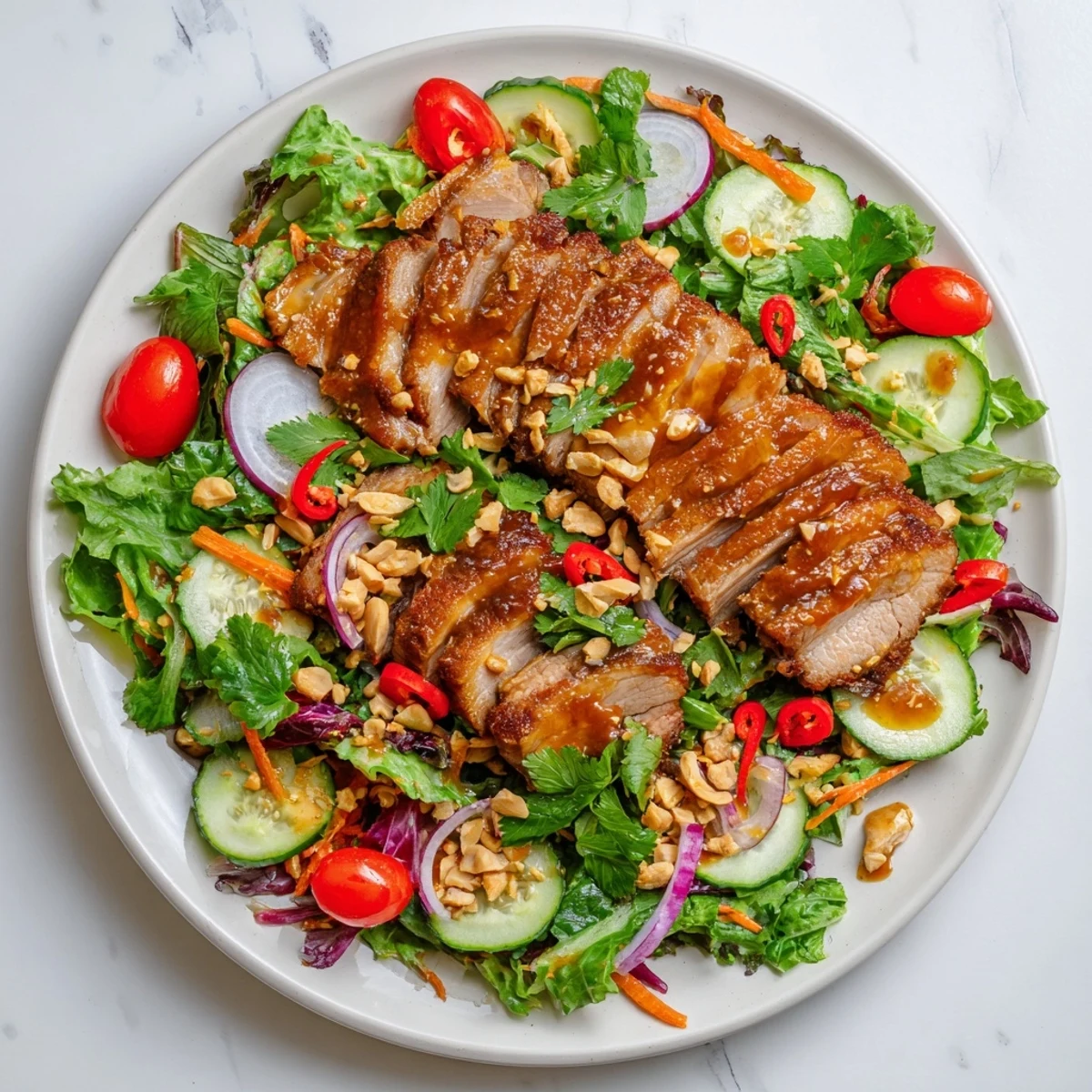 Glossy sweet and sour glazed pork belly served atop a bed of crisp lettuce, bell peppers, and fresh cilantro