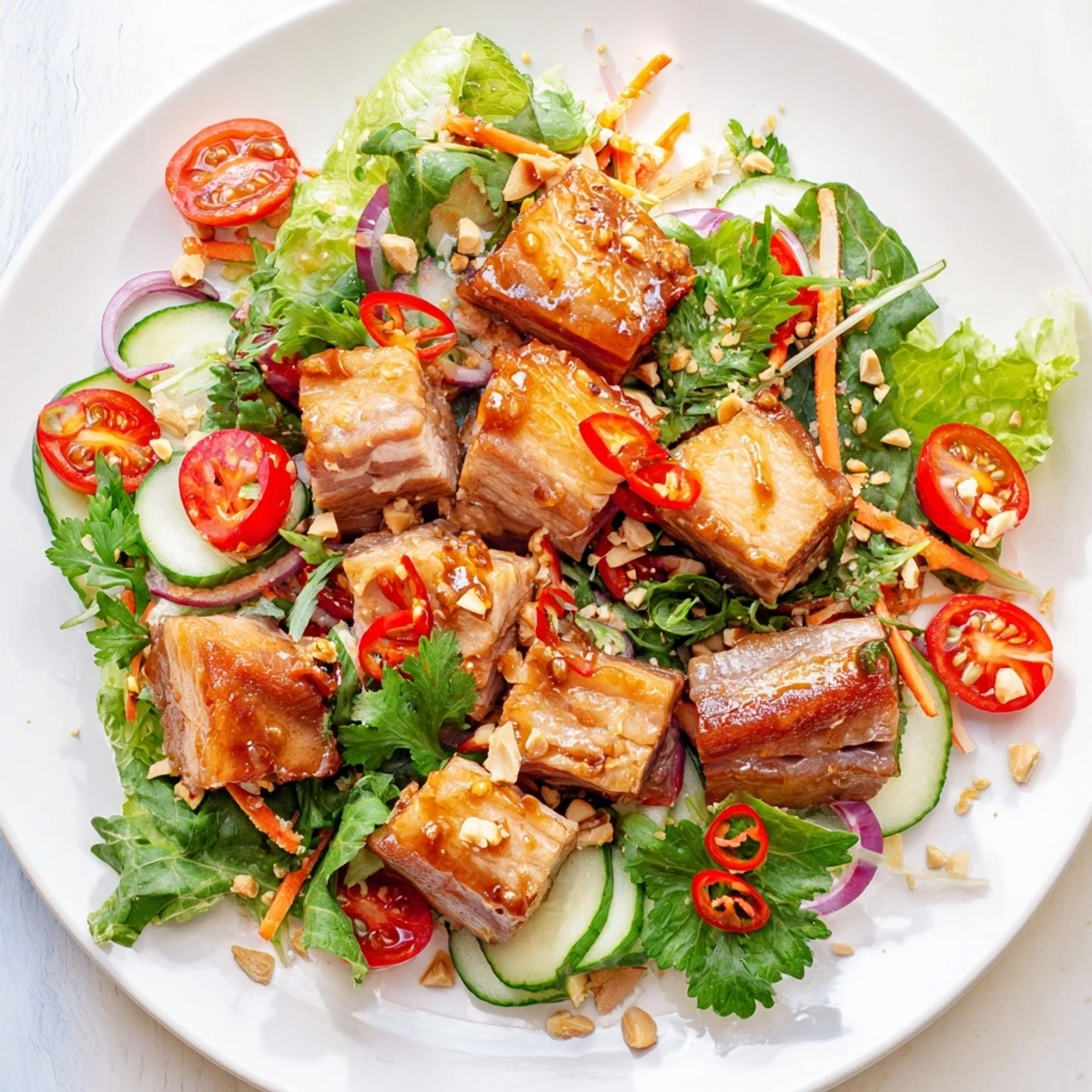 Vibrant Asian fusion salad featuring crunchy sweet and sour pork belly tossed with cucumber, carrots, and cherry tomatoes