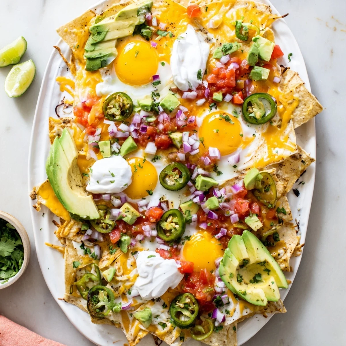 Crispy Mexican egg nachos topped with melted cheese, sunny-side up eggs, fresh avocado, and zesty salsa