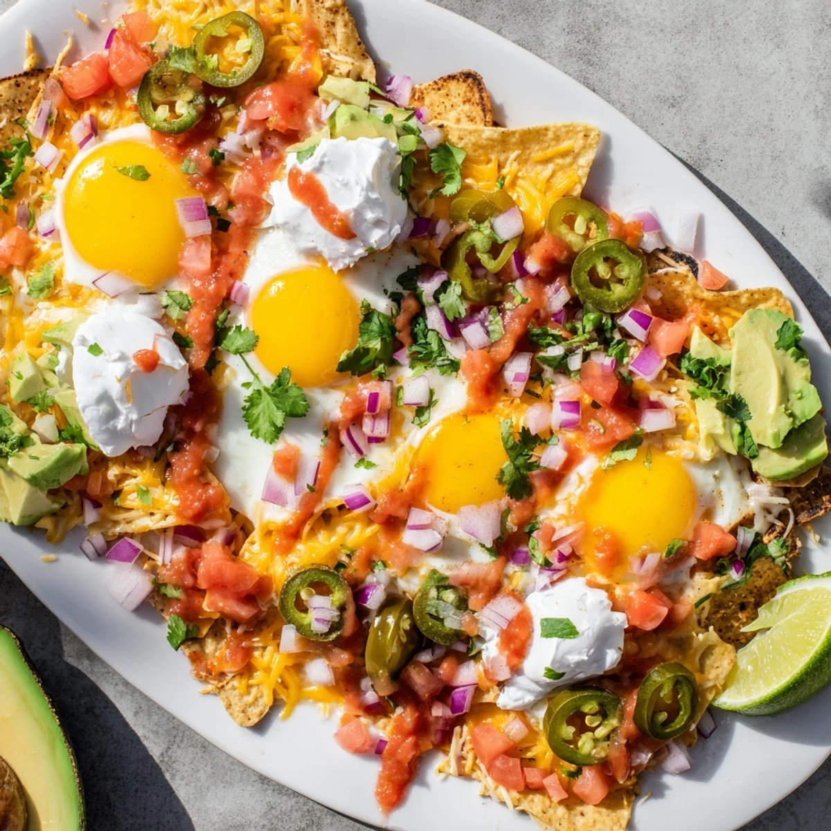 Golden tortilla chips layered with cheddar cheese, runny yolks, pico de gallo, and creamy guacamole