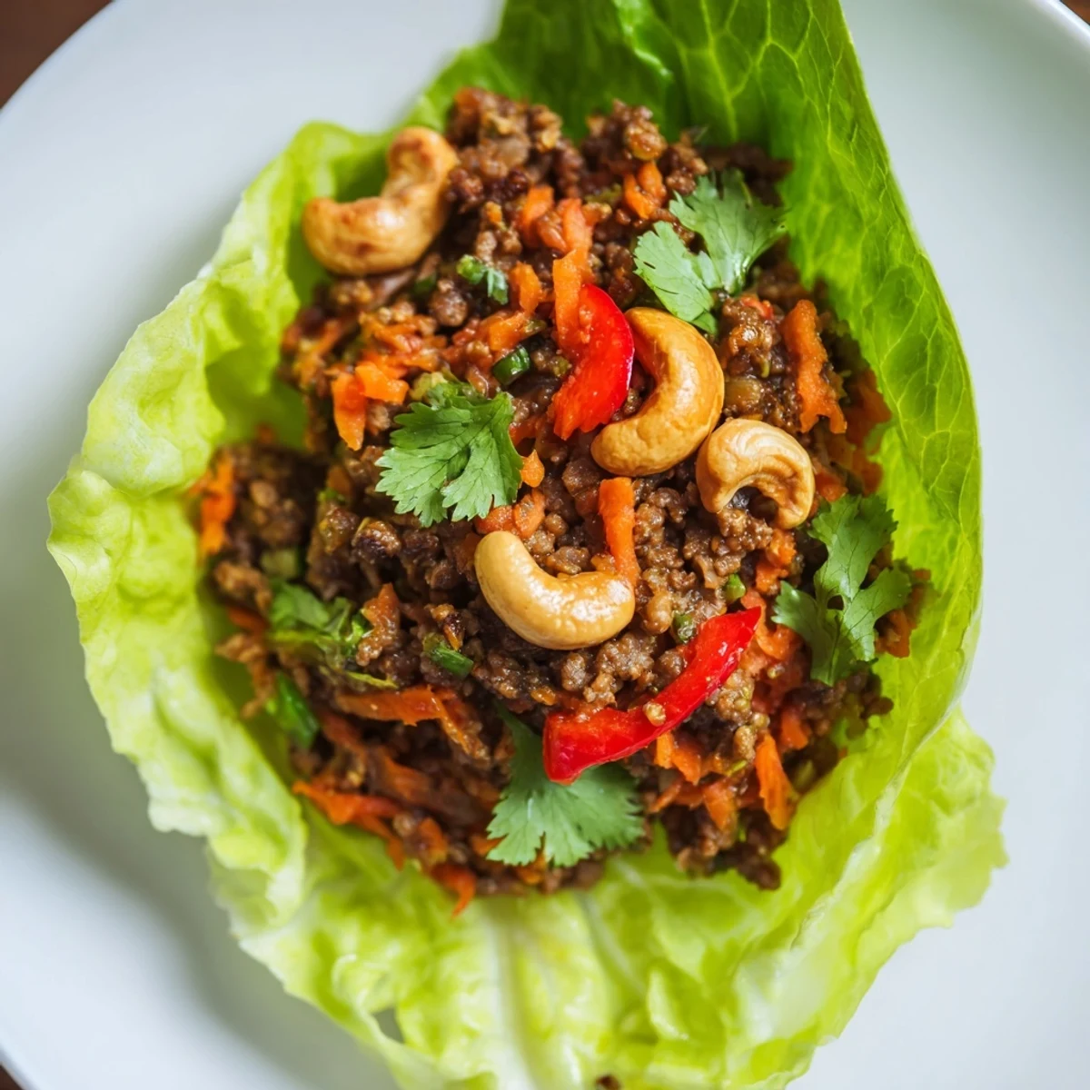 Crisp butter lettuce cups topped with Asian-style ground beef and roasted cashew pieces