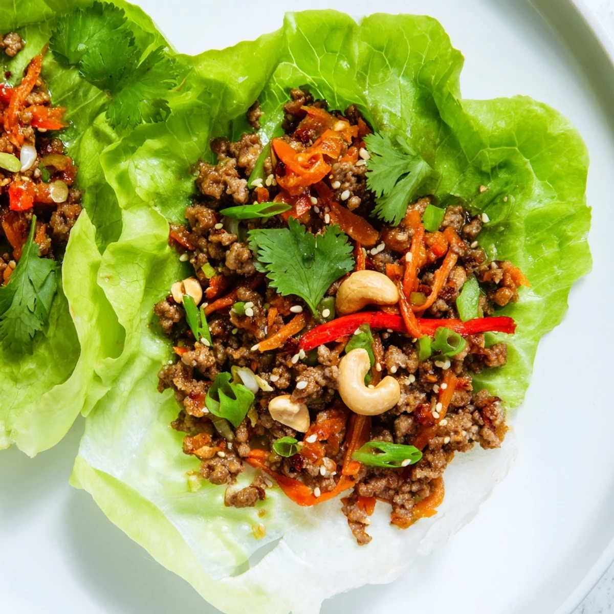 Savory beef and cashew mixture served in cool crisp lettuce leaves with cilantro garnish