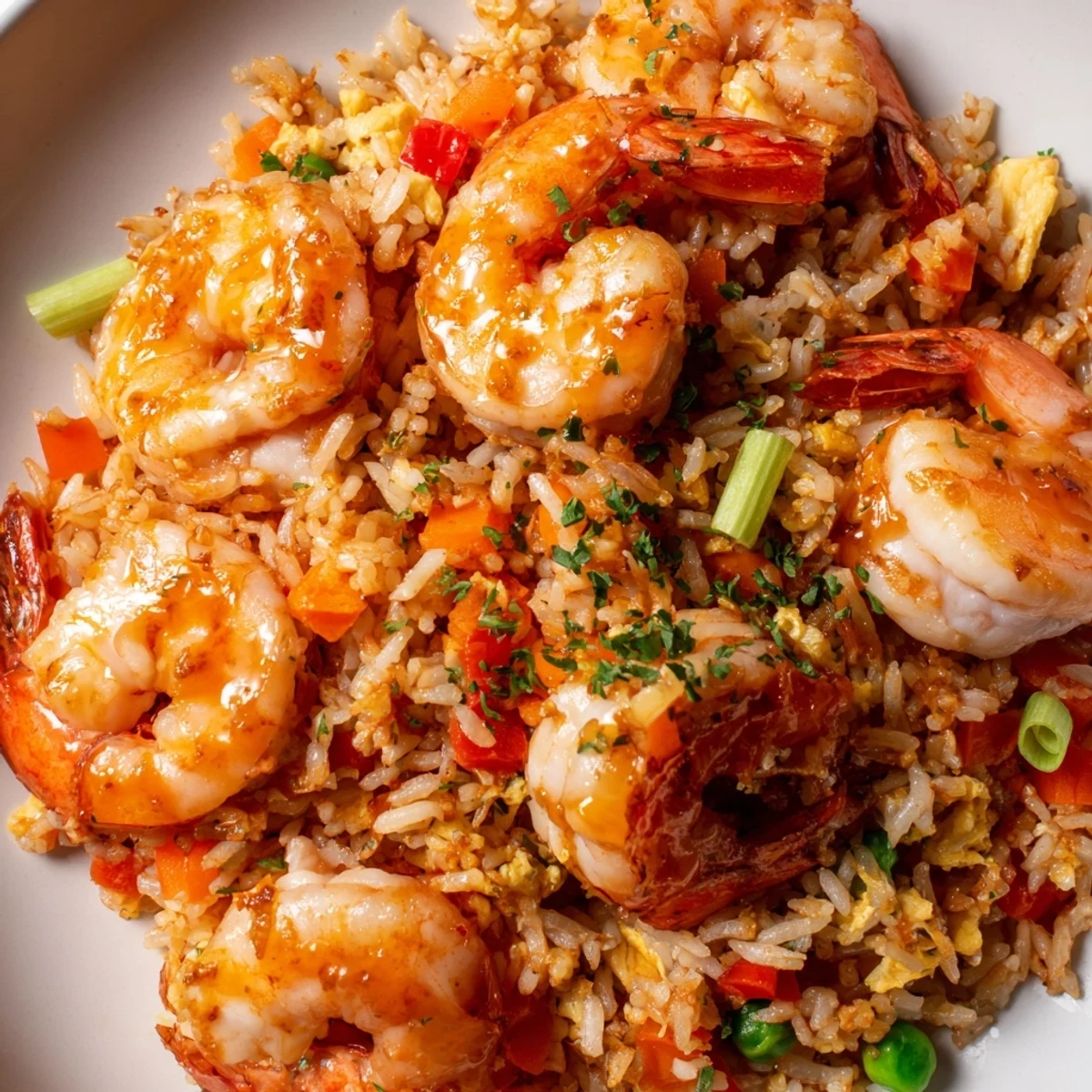 Weeknight dinner featuring succulent garlic prawns atop spicy sweet chilli fried rice with fresh spring onion garnish