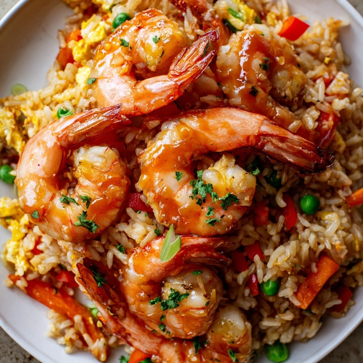 Vibrant Asian fusion bowl showing pink juicy prawns served over sweet chilli fried rice with colorful mixed vegetables