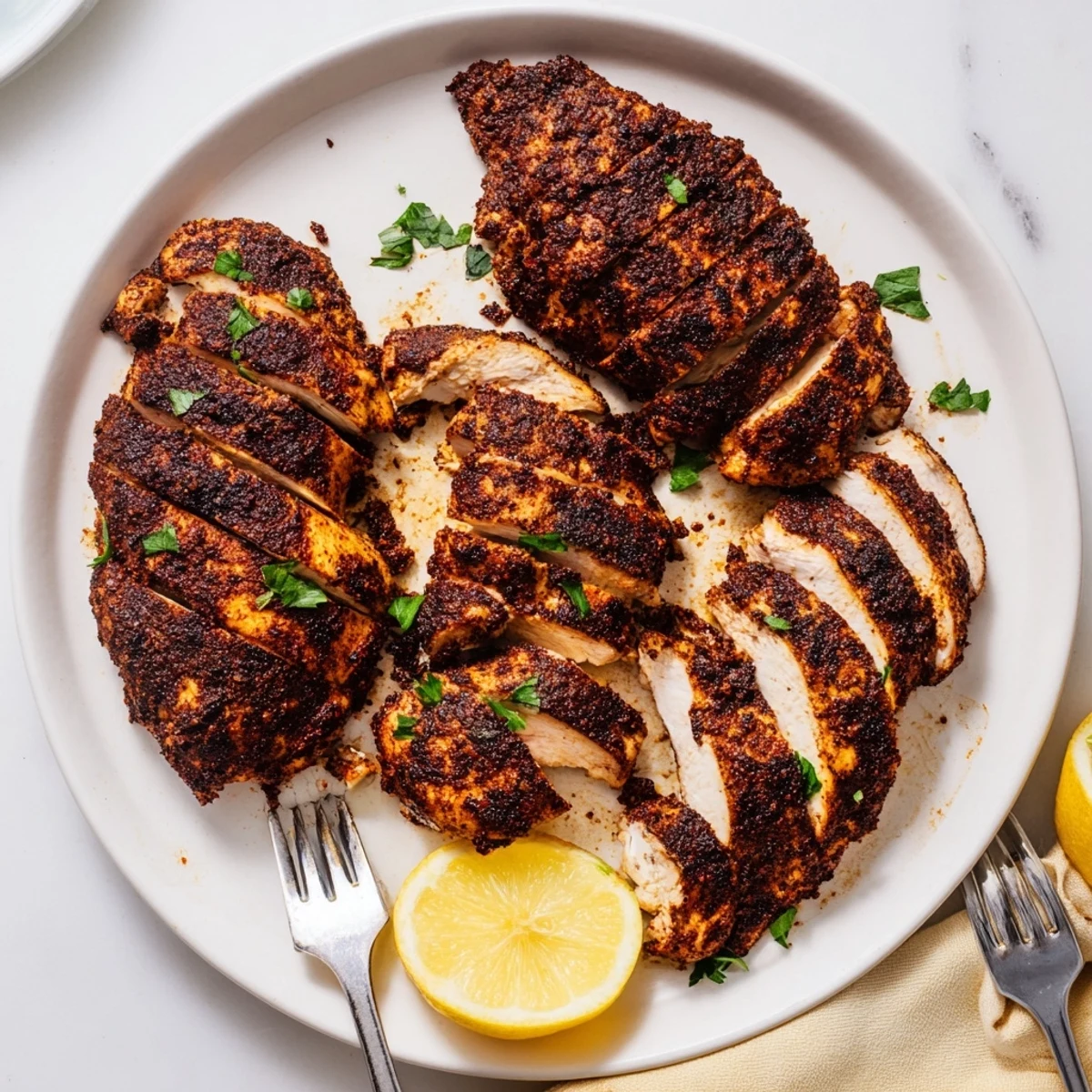 Golden brown blackened chicken breasts with dark spicy crust on white plate
