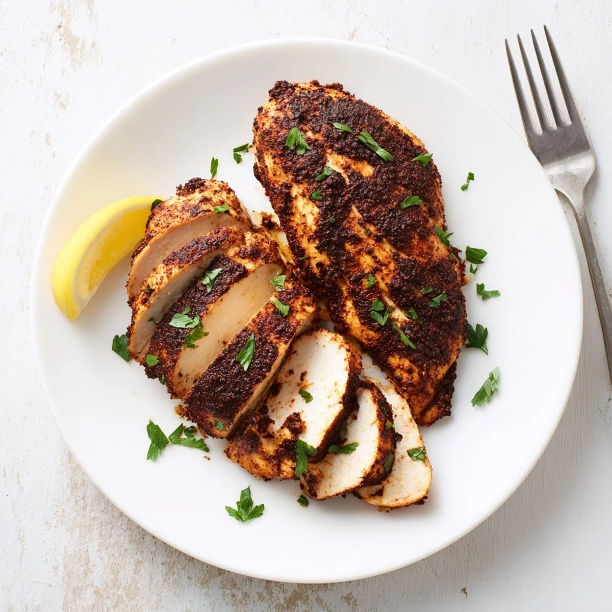 Juicy sliced blackened chicken revealing tender meat with fresh parsley garnish