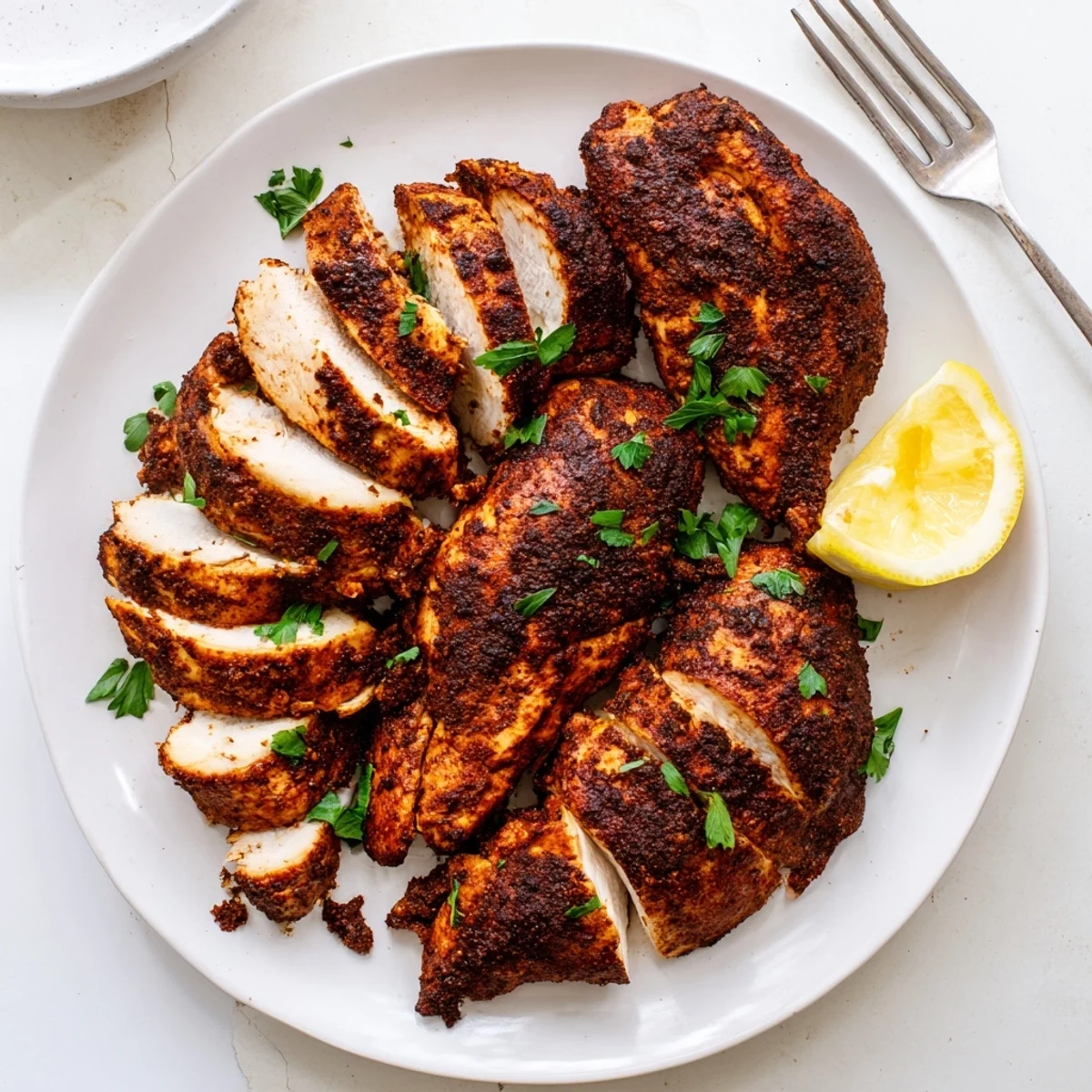 Cast iron skillet sizzling with blackened chicken breasts coated in aromatic spices