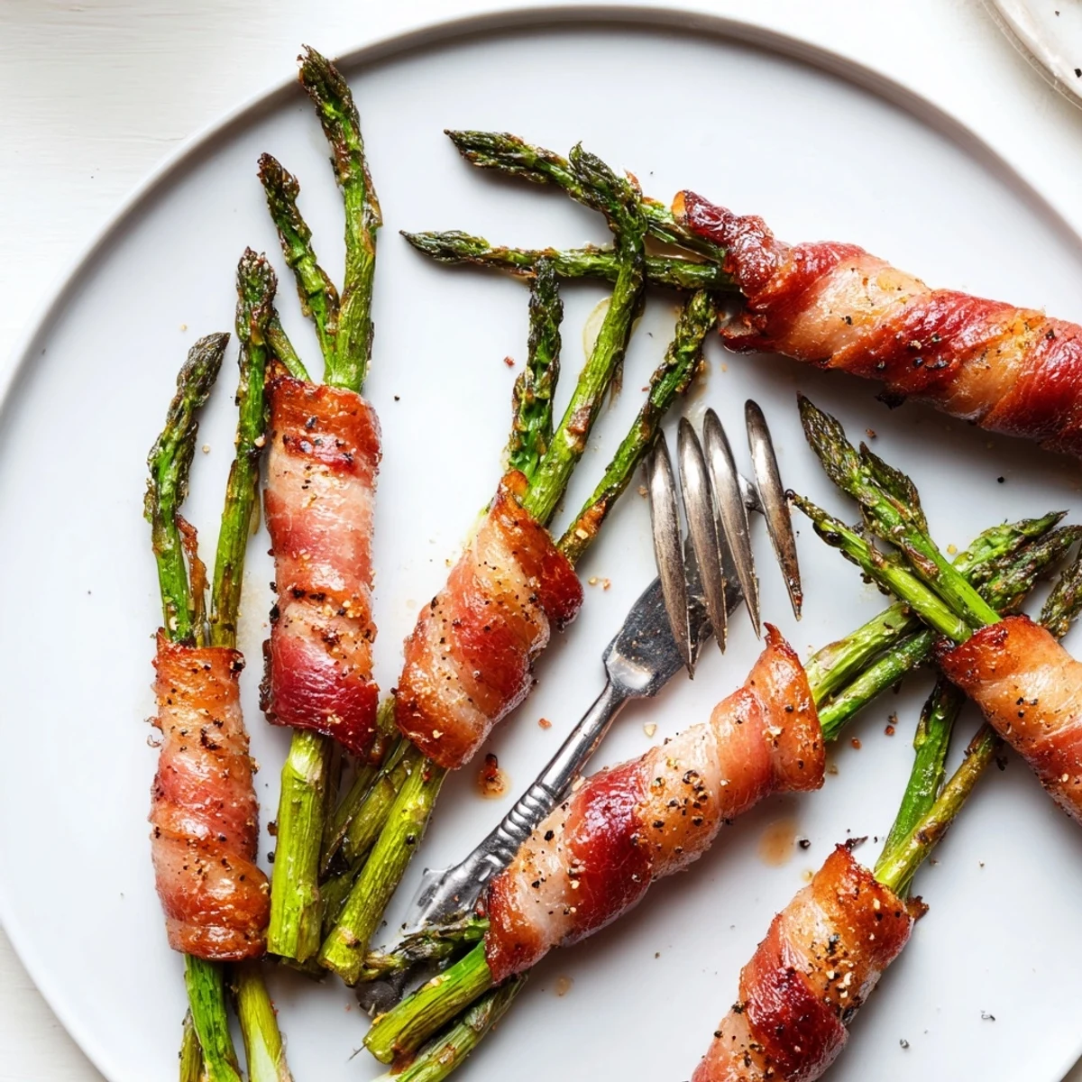 Savory bacon wrapped asparagus appetizer with crispy rendered bacon and tender green spears