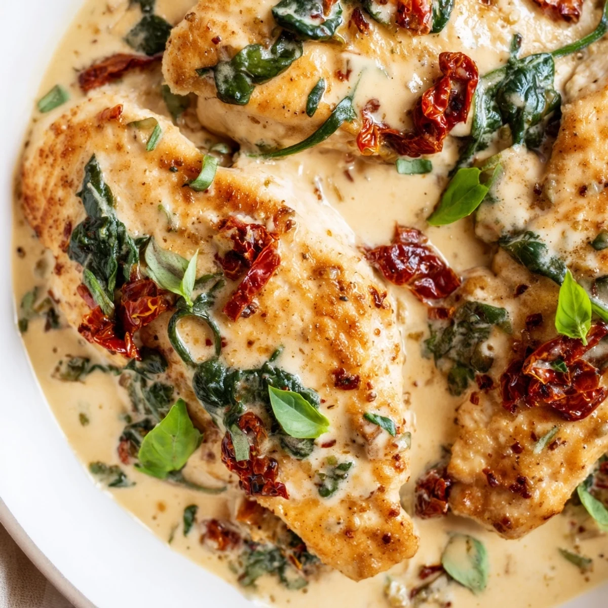 Savory Italian-style chicken simmered in heavy cream with wilted spinach and chopped sun-dried tomatoes