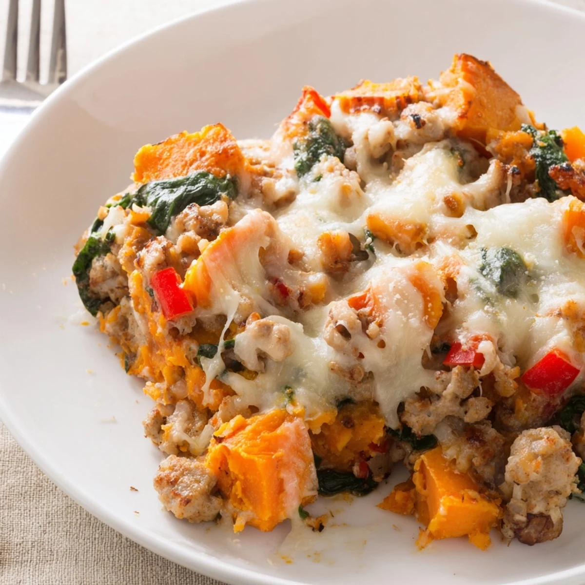 Hearty ground turkey sweet potato bake casserole fresh from oven with bubbling cheesy topping