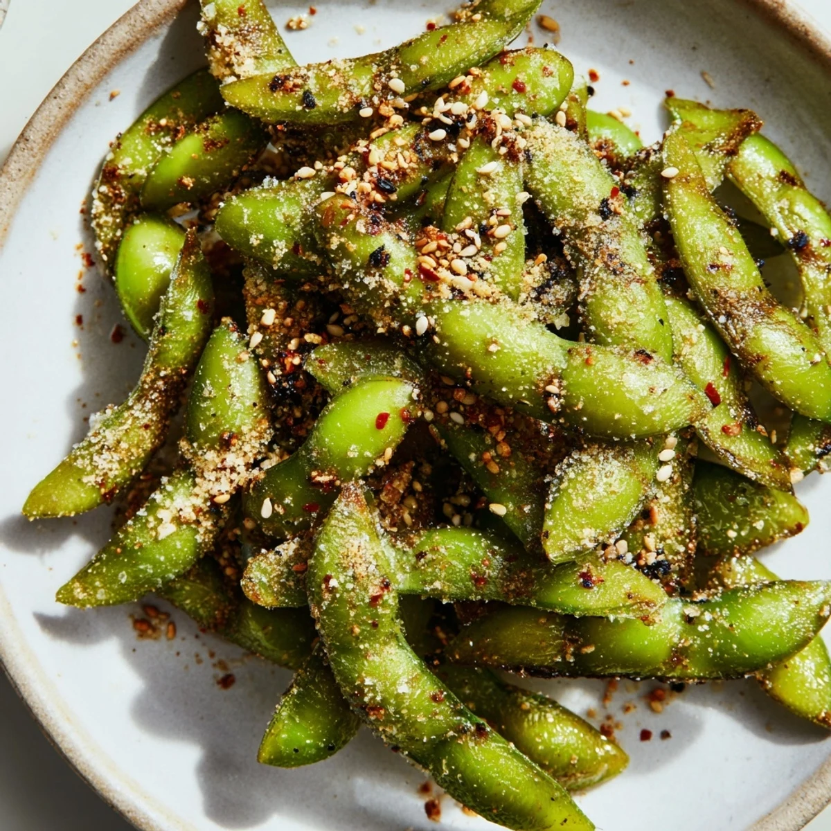 Crispy air fryer edamame sprinkled with sesame seeds and chili flakes on a white plate