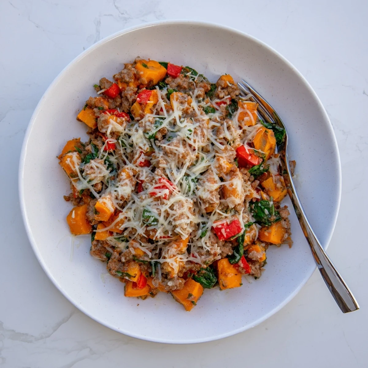 Savory ground turkey sweet potato bake casserole featuring bubbling mozzarella and Parmesan topping on diced sweet potatoes