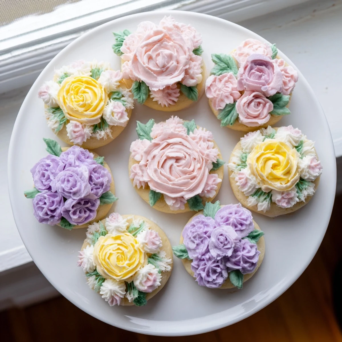 Delicate buttercream flower cookies arranged on a white serving plate with detailed floral frosting designs.