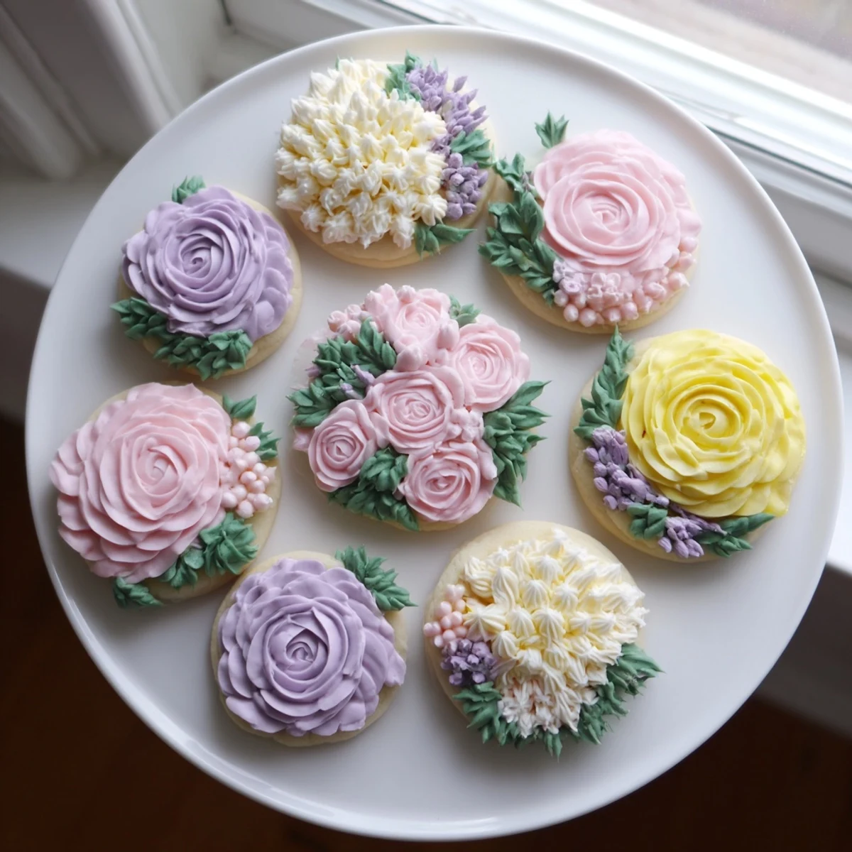 Close-up of flower-shaped cookies decorated with intricate buttercream blooms and green piped leaves.
