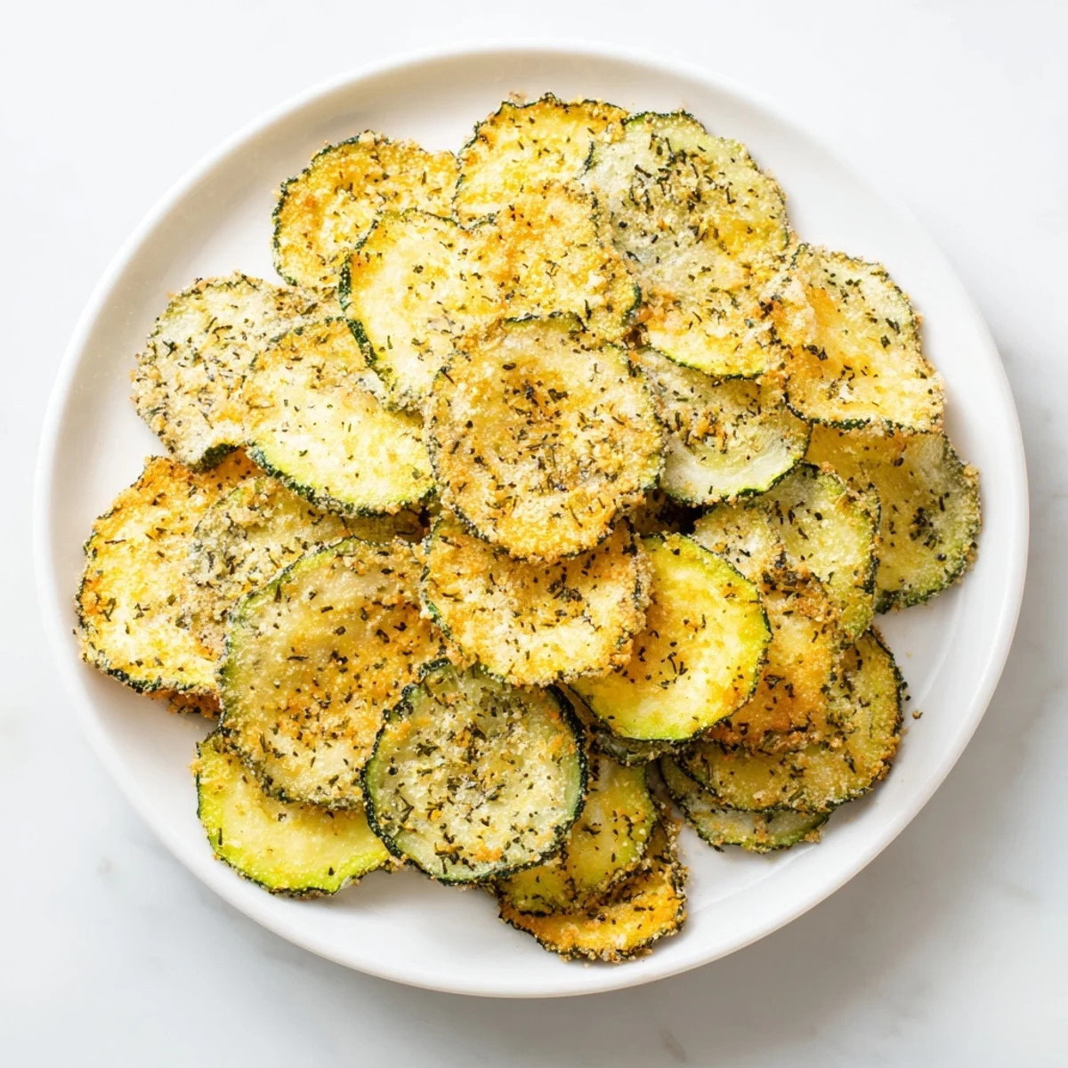 Golden ranch cucumber chips arranged on a white plate, perfectly crispy with visible dill seasoning