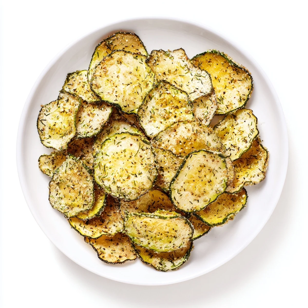 Stack of refreshing ranch cucumber chips showing crisp texture and golden brown edges on wooden board