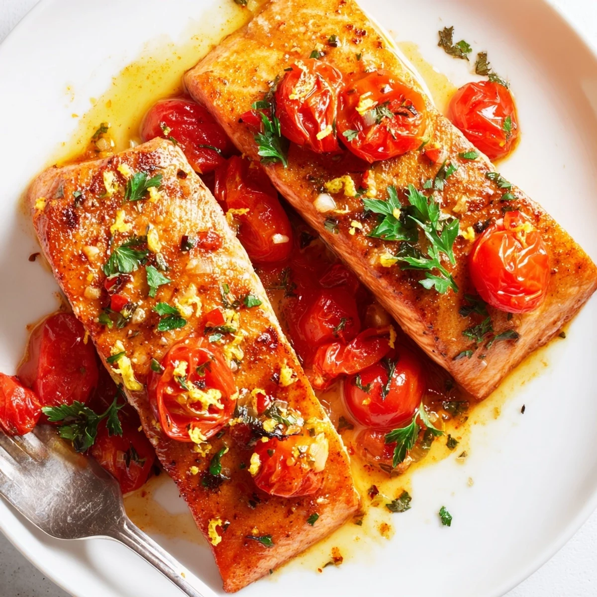 Easy salmon dish topped with tangy tomato lemon sauce and chopped parsley sprinkles
