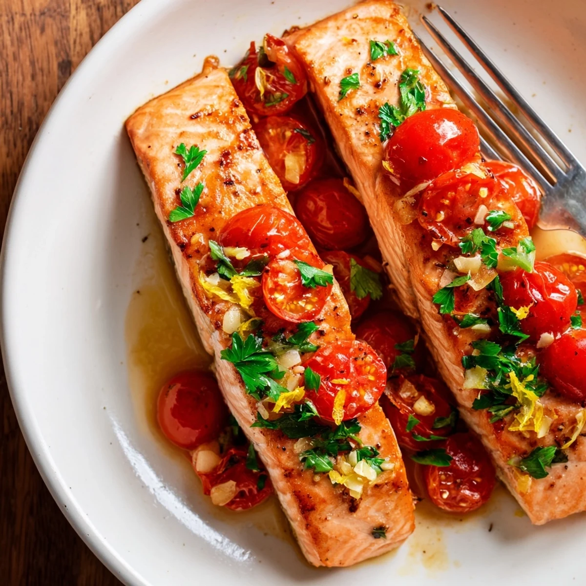 Golden brown salmon with juicy cherry tomatoes and zesty lemon sauce on white plate