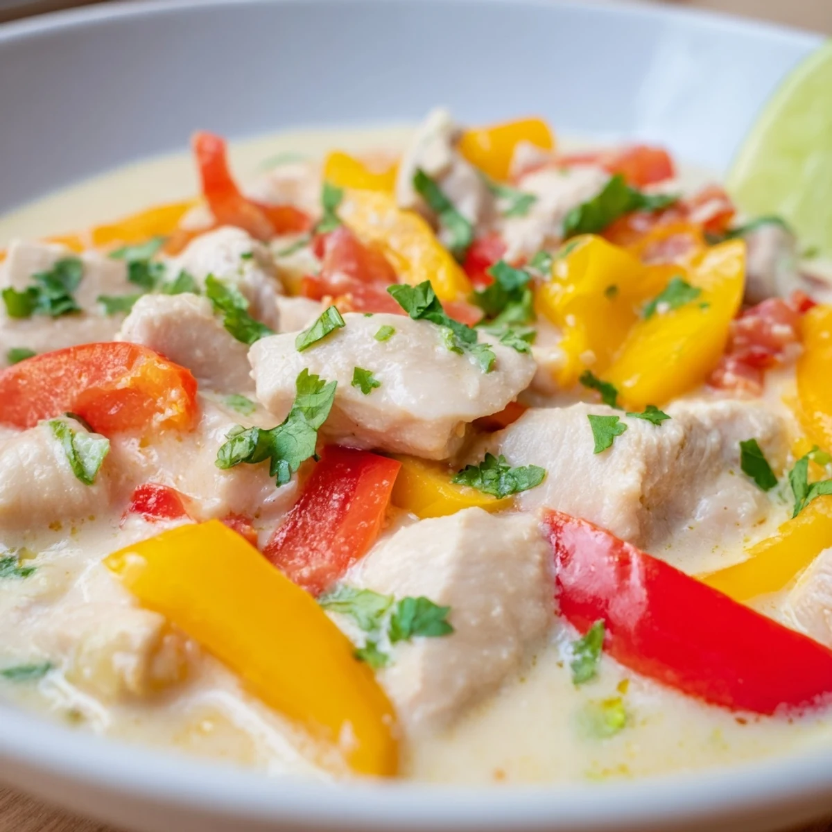 Tender chunks of spicy Brazilian coconut chicken served in a rich red sauce over white rice with lime wedges