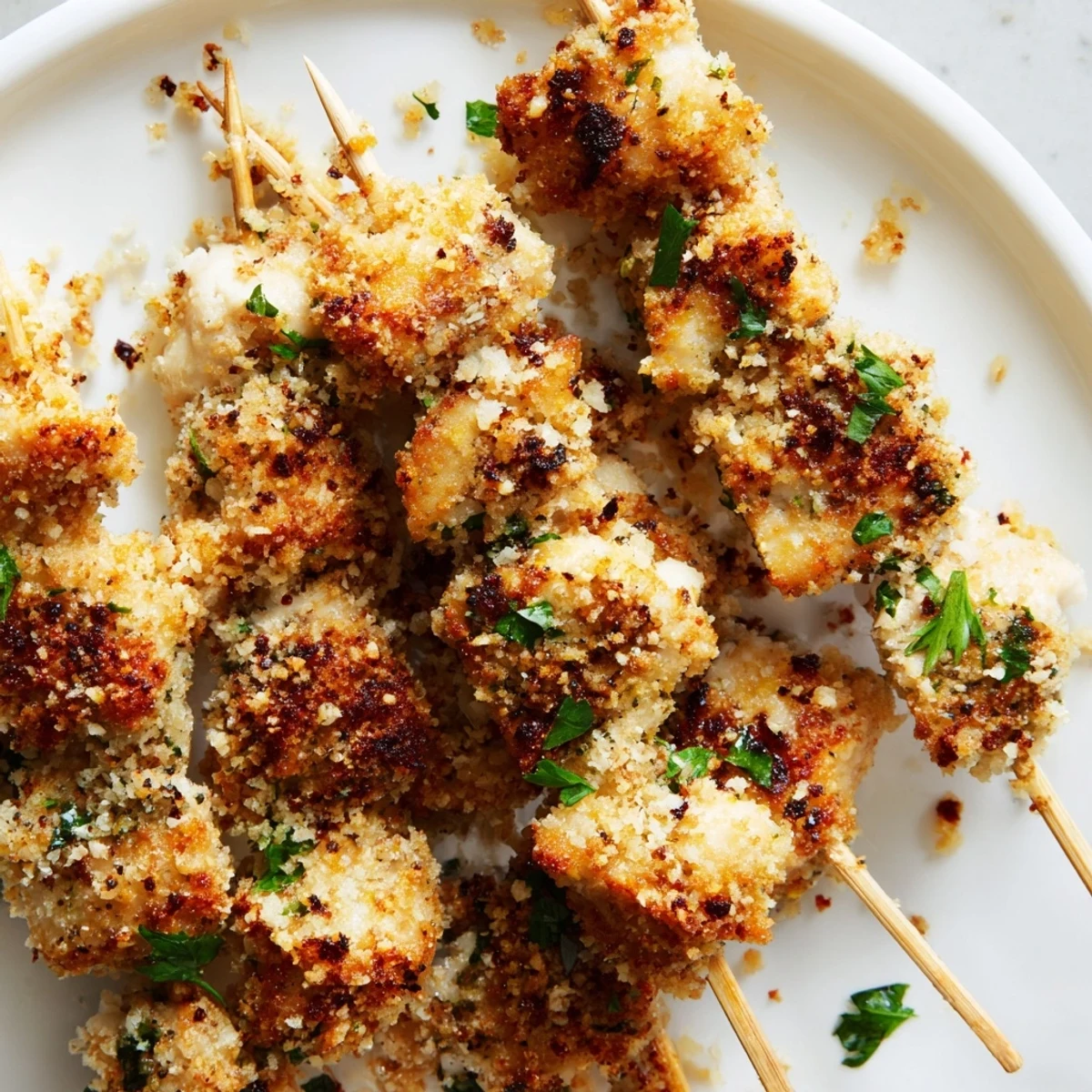 Tender juicy chicken cubes threaded onto skewers air-fried to golden brown perfection with savory garlic Parmesan crust