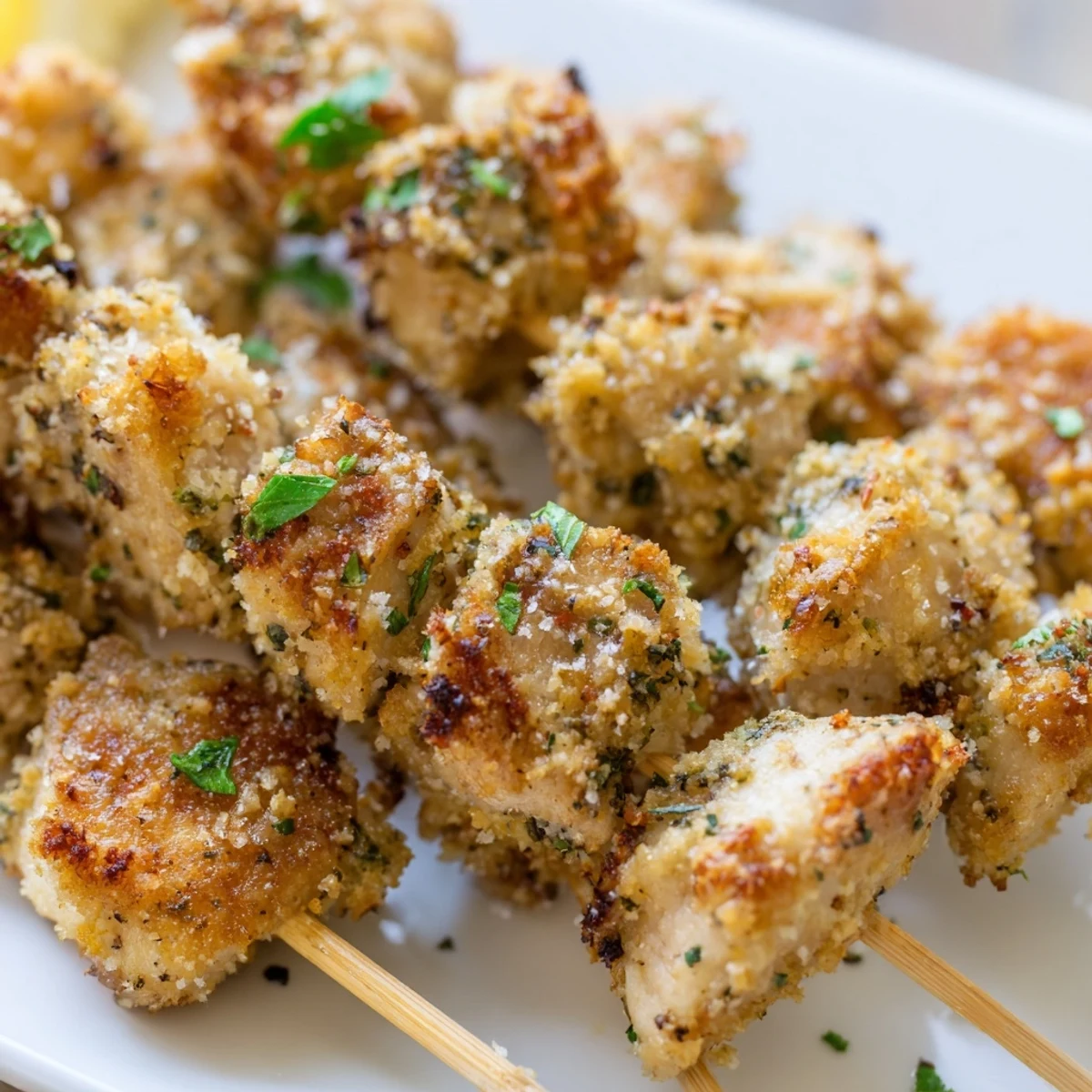 Golden Air Fryer Garlic Parmesan Chicken Skewers with crispy coating and fresh parsley garnish