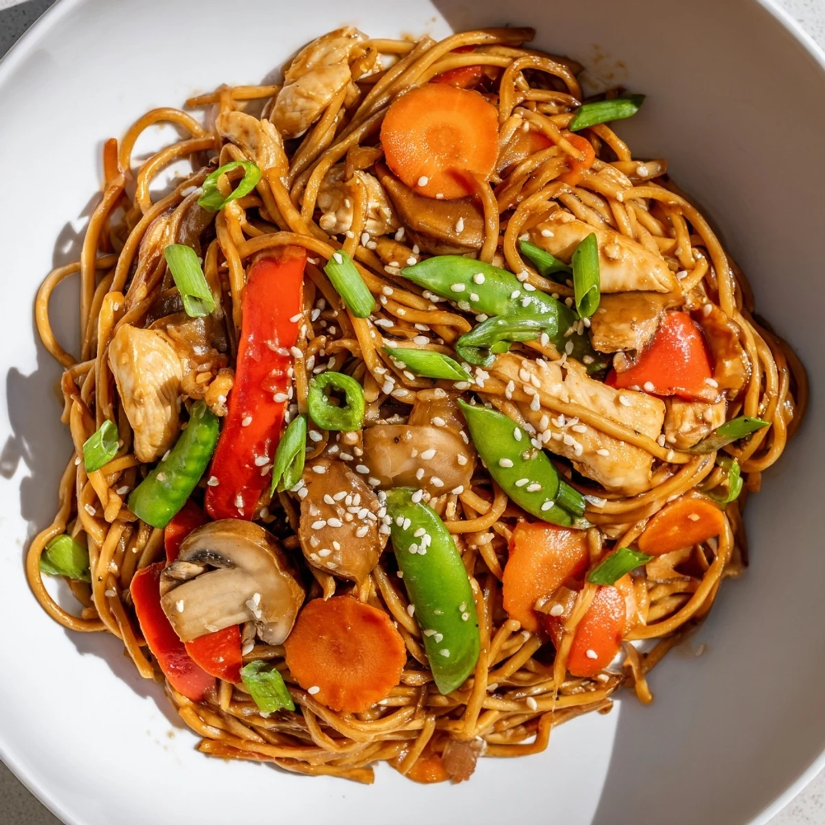 Steam Easy Crockpot Chicken Lo Mein served in a bowl with chicken strips, crisp peppers, carrots, and snow peas garnished with sesame seeds