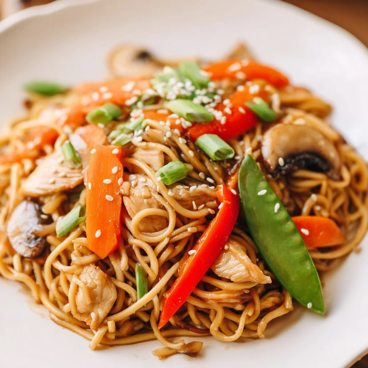 Twirled Easy Crockpot Chicken Lo Mein noodles coated in brown soy-based sauce alongside sliced bell peppers and chicken in a white bowl