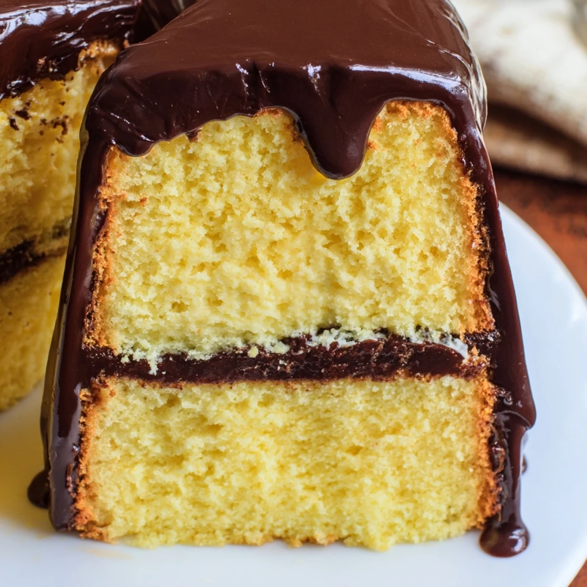Homemade Boston cream pie featuring tender sponge cake layered with creamy vanilla pastry filling