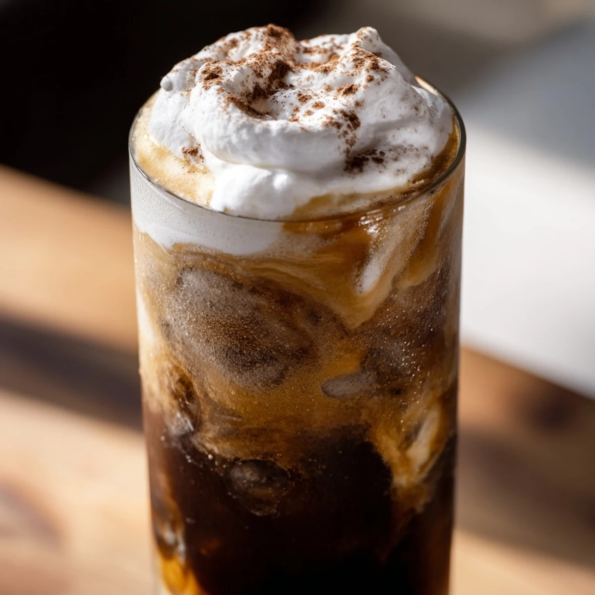 Tall glass filled with refreshing iced coffee featuring ice cubes, creamy milk swirl, and optional whipped cream topping