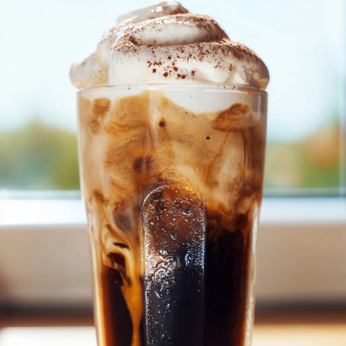 Golden-brown chilled refreshing iced coffee served over ice in a clear glass with sweetened vanilla cream drizzle