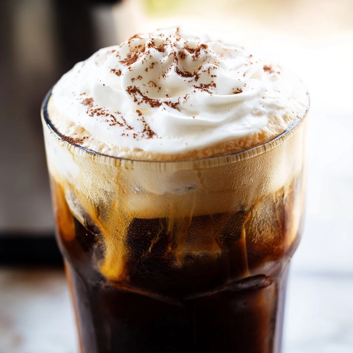 Summer beverage showing refreshing iced coffee with milk swirling through ice crystals, garnished with cocoa powder and whipped cream