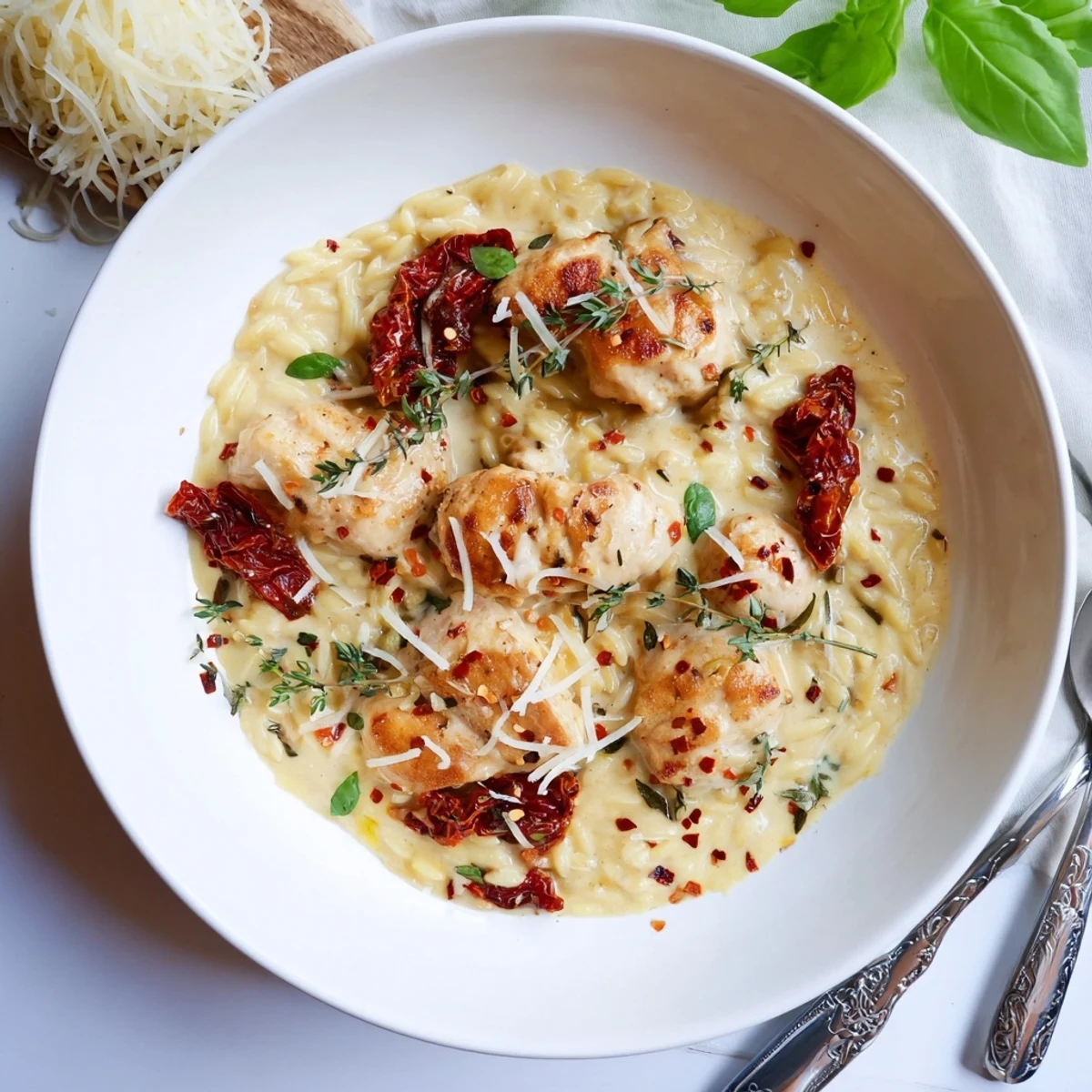 Romantic skillet of Marry Me Chicken Orzo featuring tender poultry and rich Parmesan cream sauce