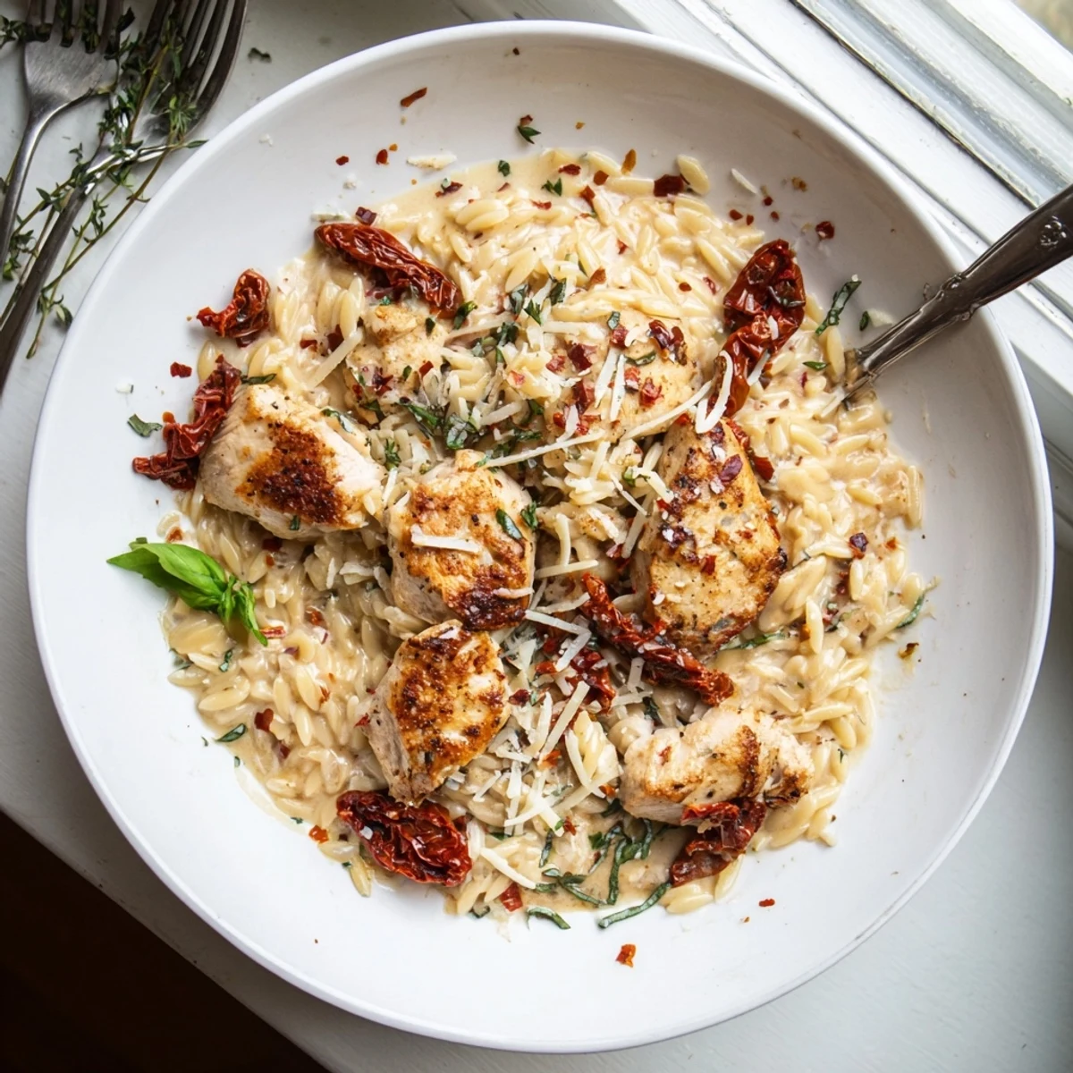 Creamy orzo pasta dish with golden chicken sun-dried tomatoes and sprinkled Parmesan cheese topping