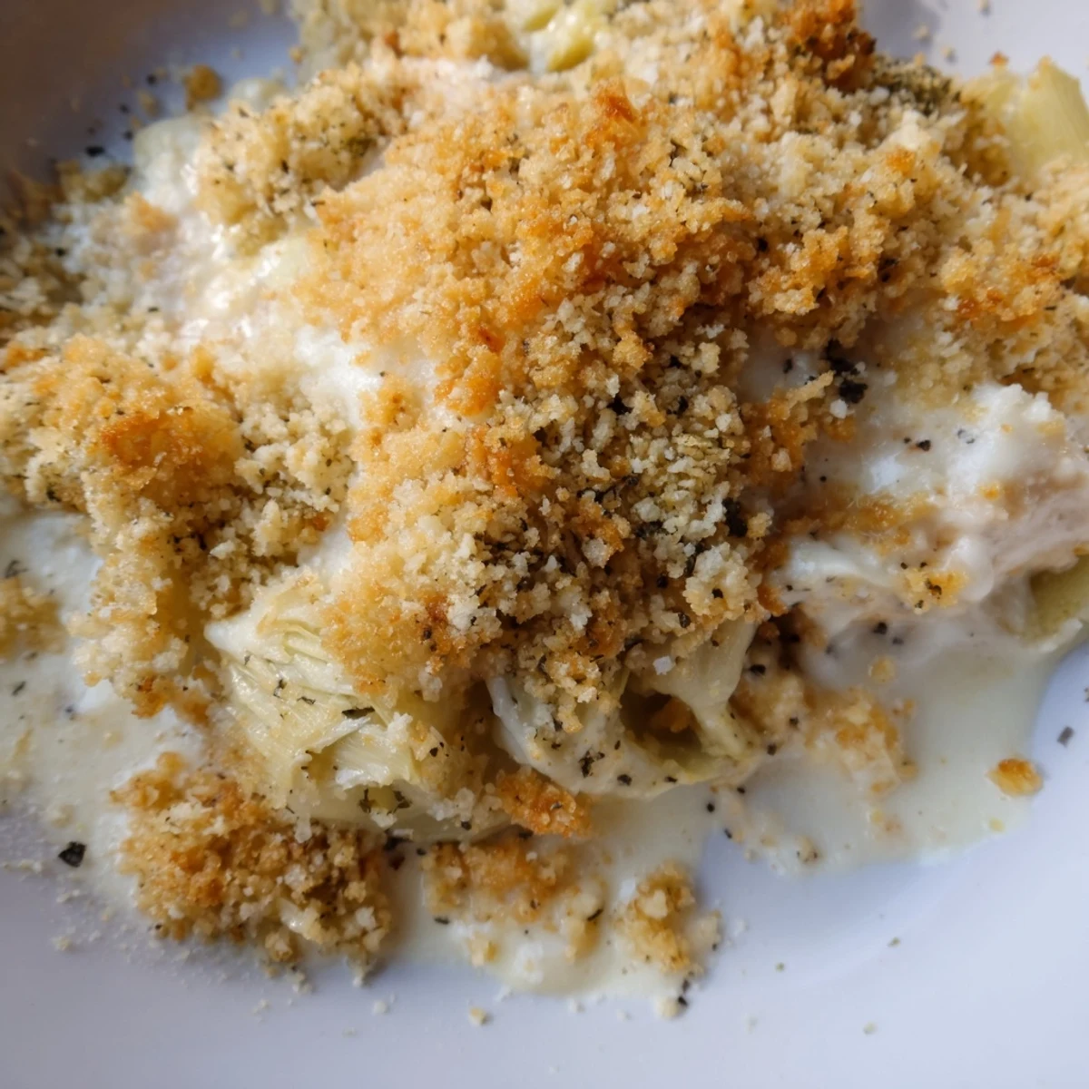 Baked artichoke chicken featuring creamy cheesy sauce and golden breadcrumb crust on white platter
