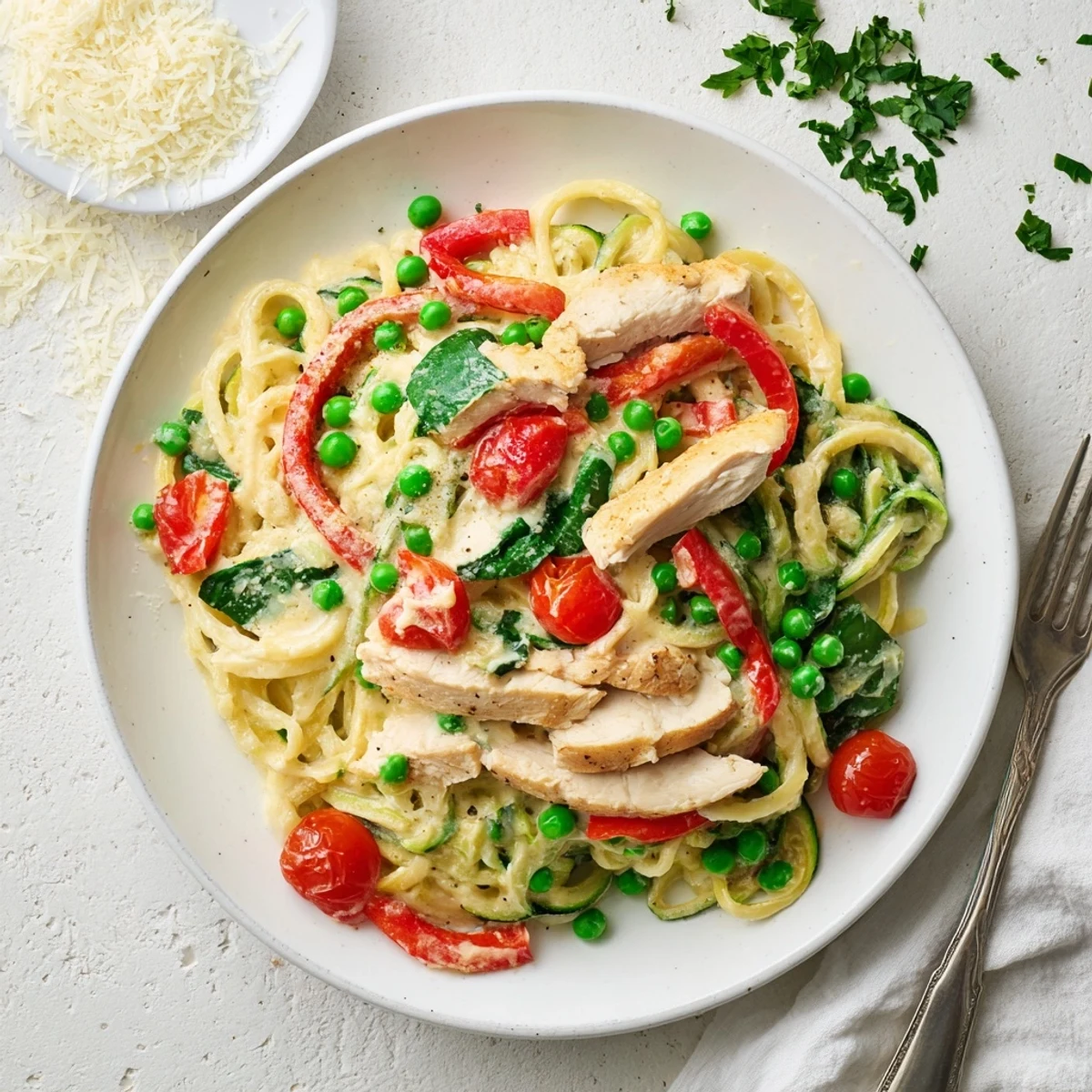 Creamy zucchini noodle chicken Alfredo bowl topped with colorful bell peppers and fresh parsley garnish