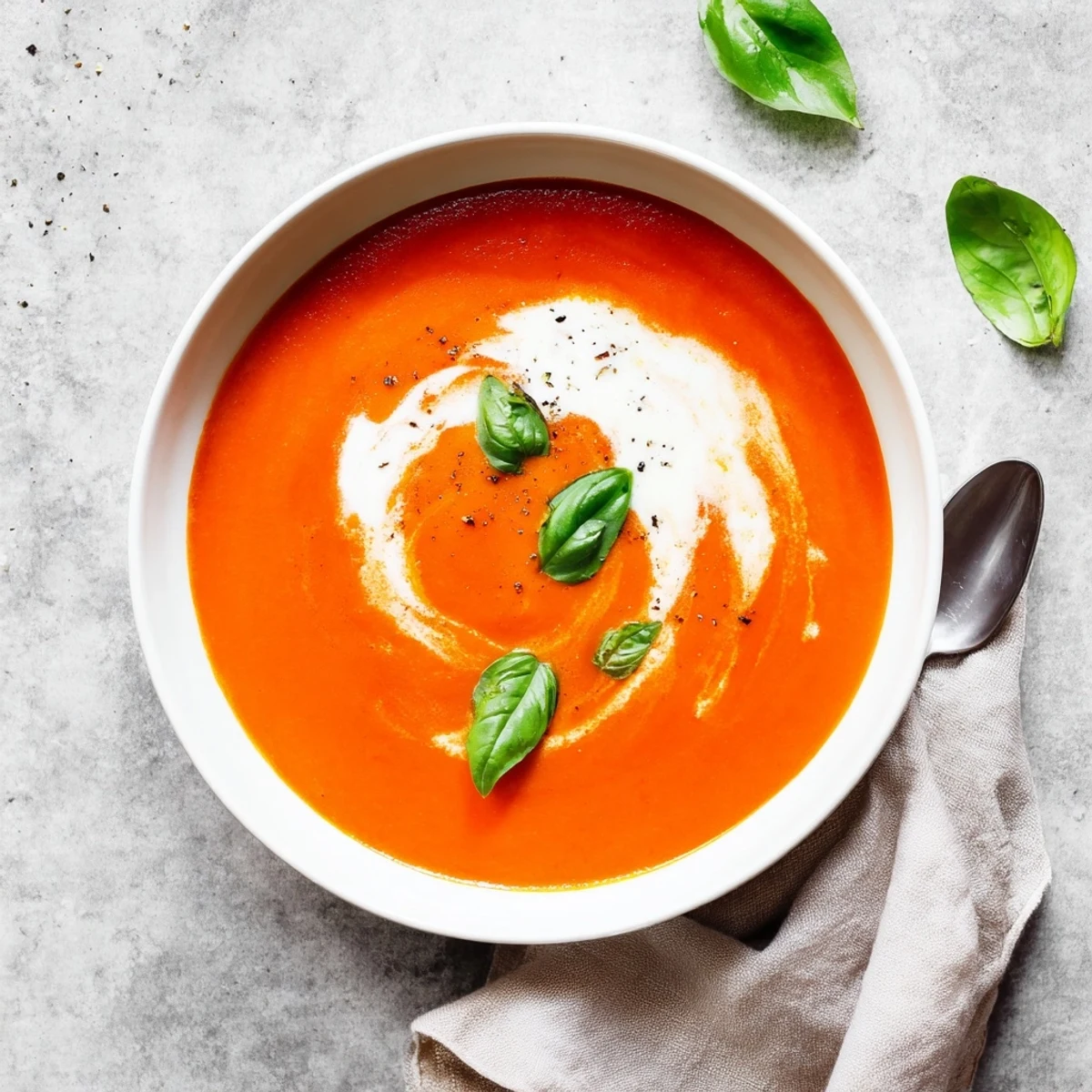 Velvety smooth cozy tomato soup topped with cream swirl and roasted tomato chunks