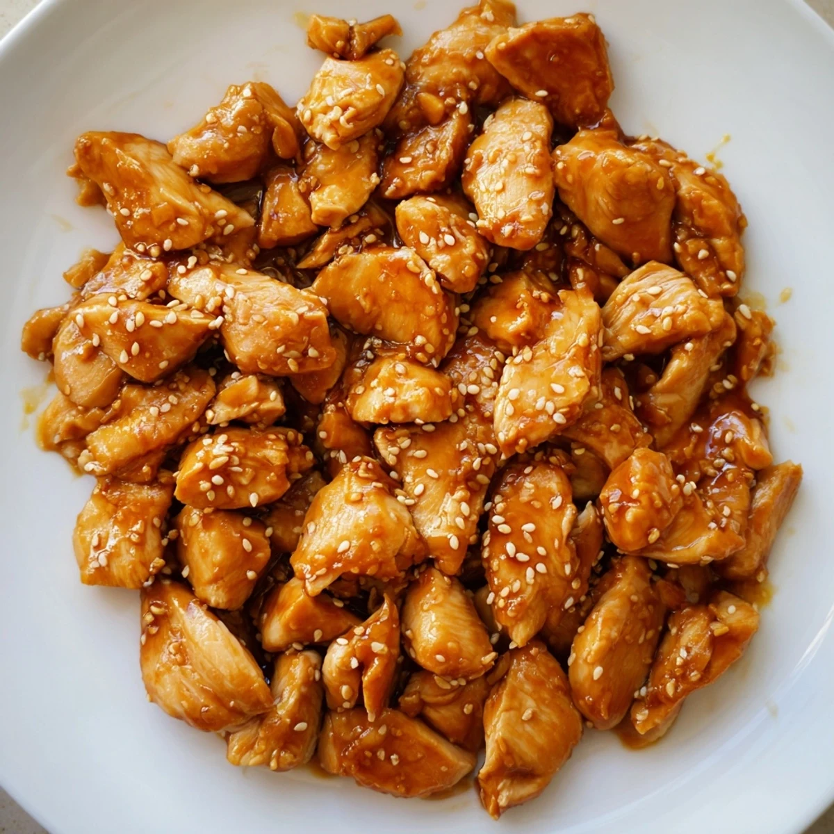 Golden Crock Pot Sesame Chicken pieces coated in thick glossy sauce with sesame seed garnish