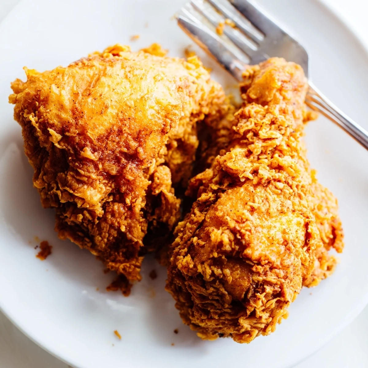Southern-style crispy chicken fried chicken drizzled with honey and served alongside fluffy mashed potatoes and creamy gravy