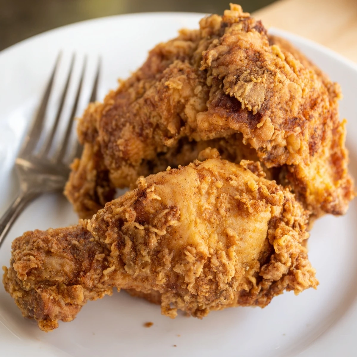 Golden brown crispy chicken fried chicken pieces resting on a wire rack with visible seasoned breading texture