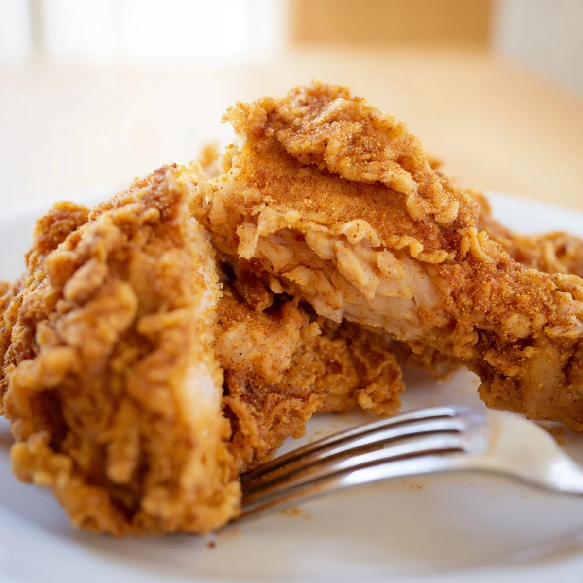 Homemade crispy chicken fried chicken displaying crunchy double-dipped coating with tender juicy meat visible inside