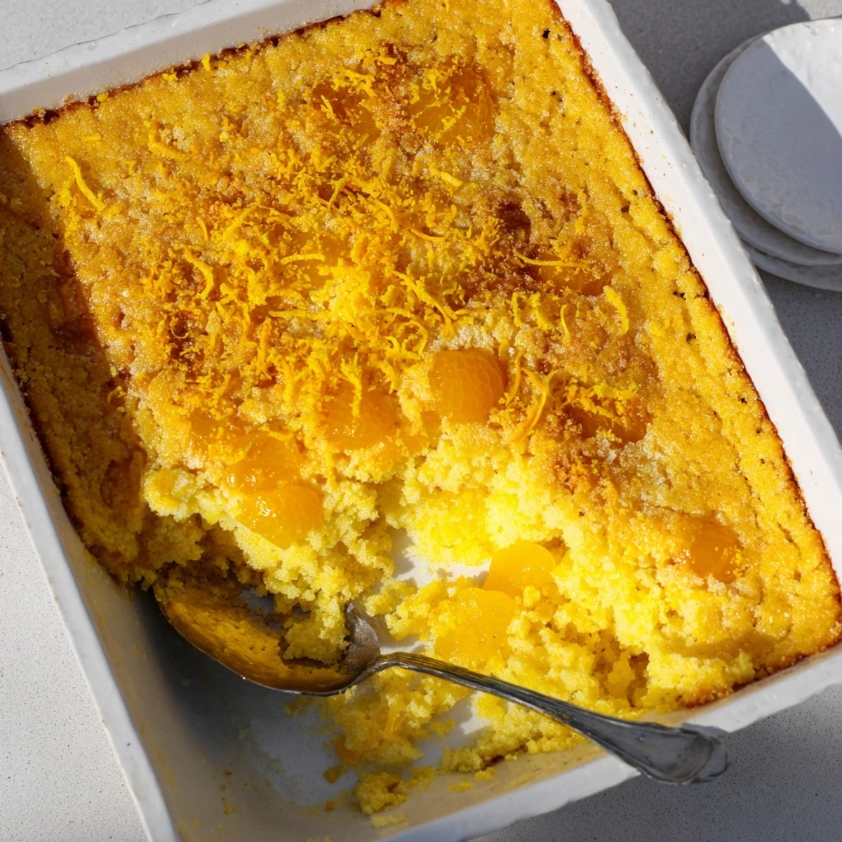 Warm citrus lemon dump cake fresh from the oven with golden brown crust and tangy fruit layer spooned into a white bowl