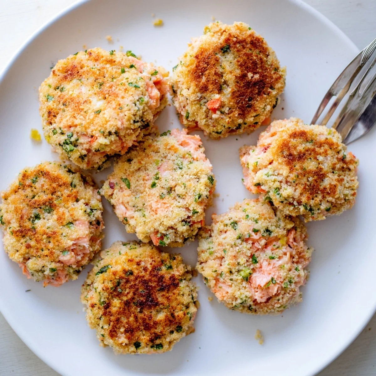 Golden brown easy salmon cakes with canned salmon served with fresh lemon wedges on a white plate