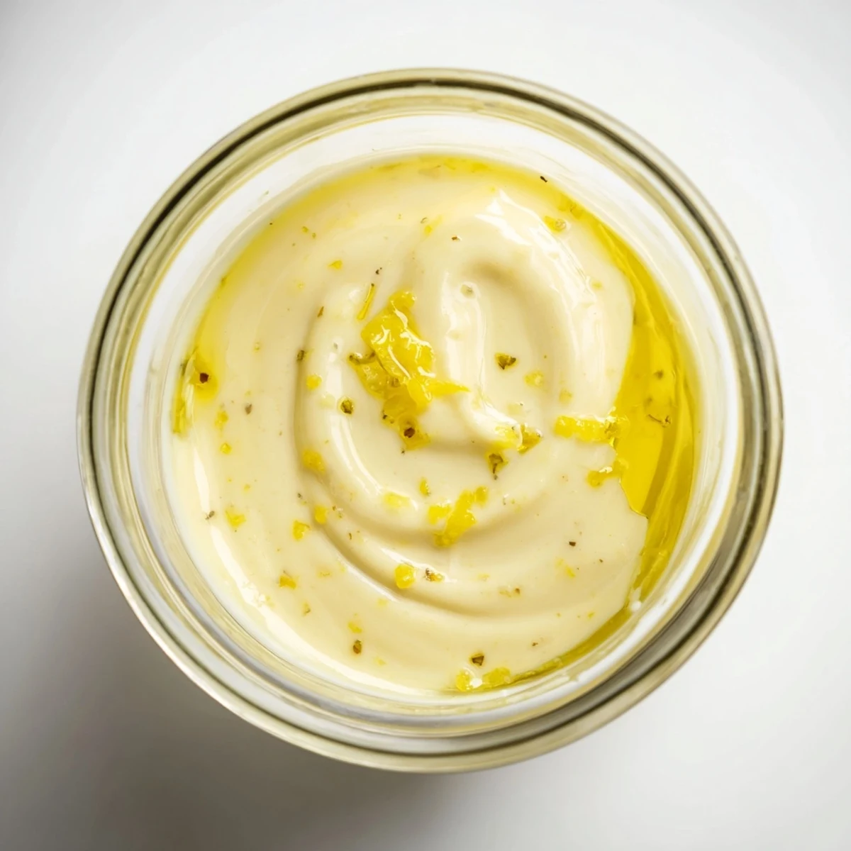 Homemade creamy lemon vinaigrette dressing with bright yellow hue and smooth texture