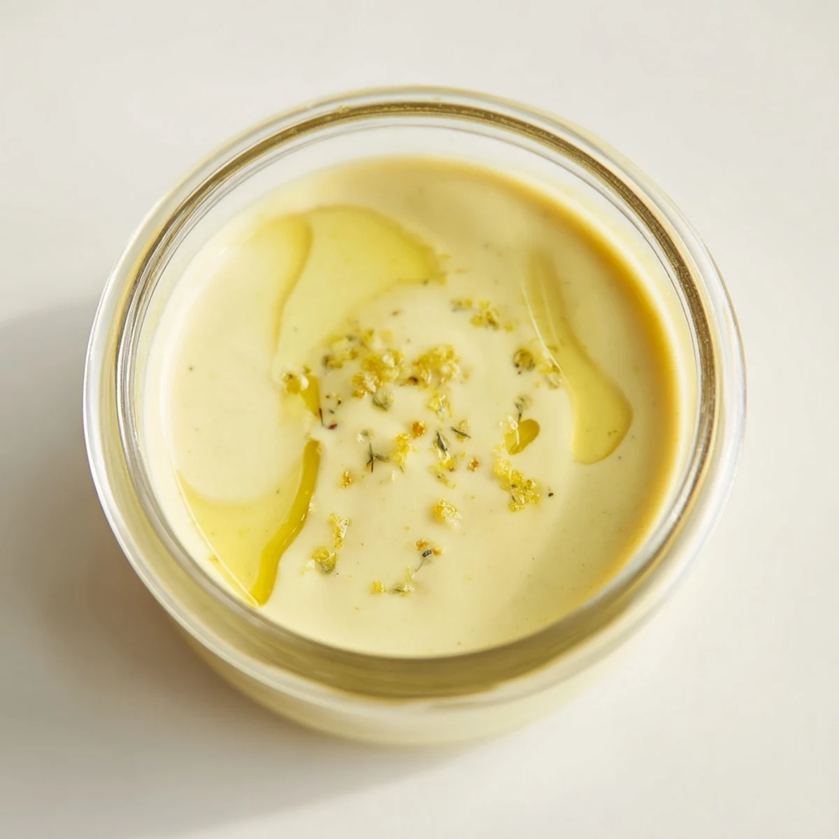 Glass jar filled with tangy creamy lemon vinaigrette ready for salad dressing