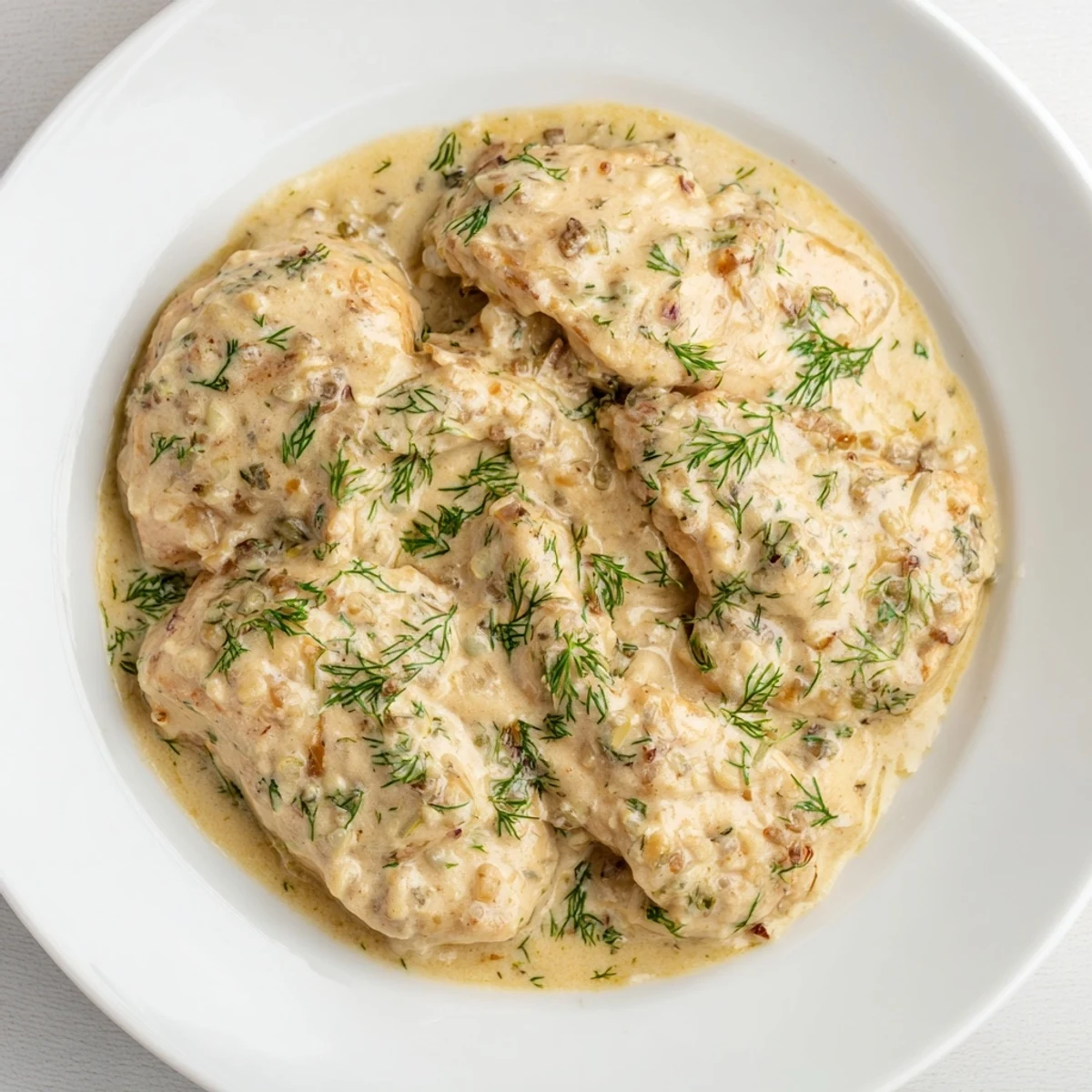 Tender juicy chicken simmered in velvety white dill cream sauce served in a skillet