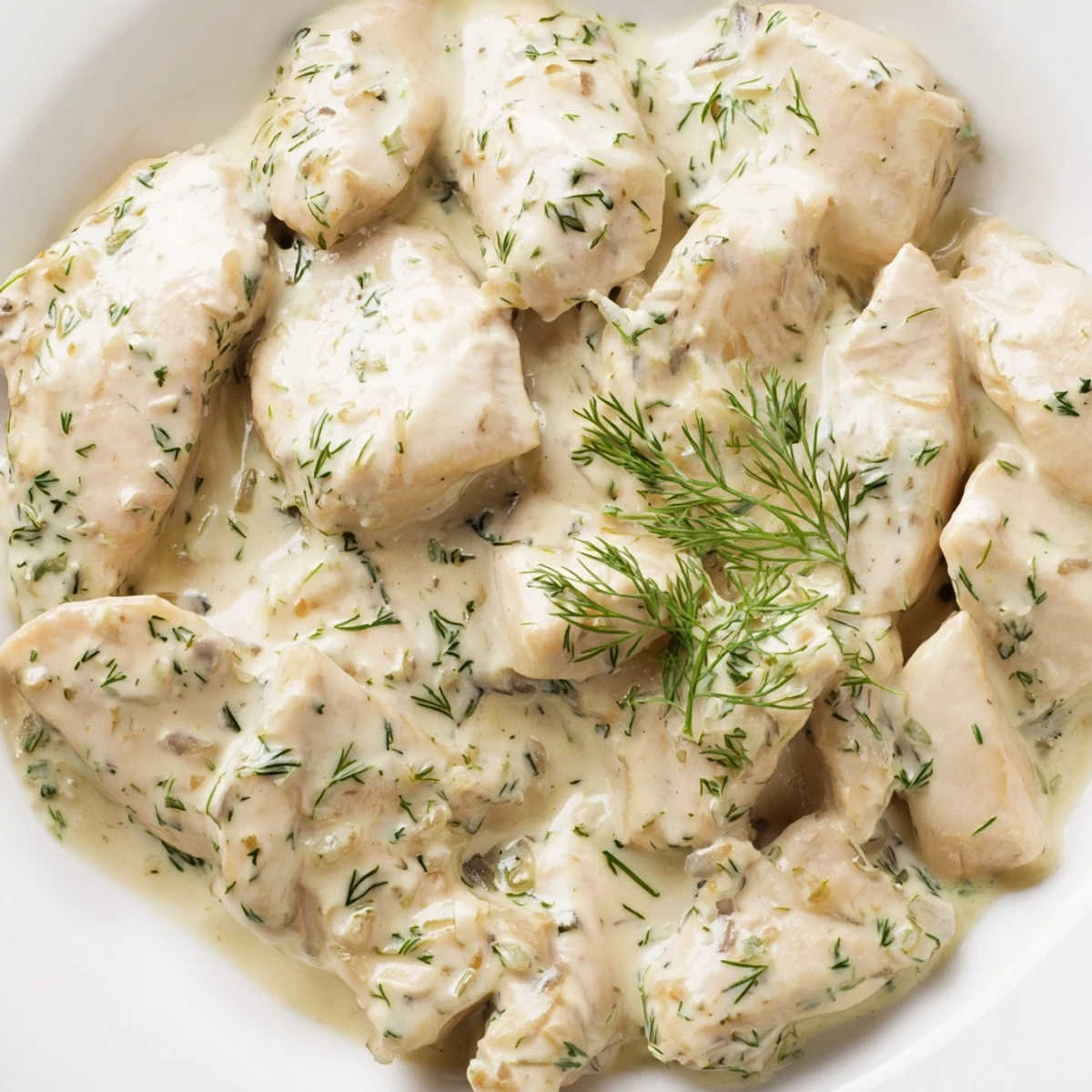 Savory seared chicken drizzled with thick garlic dill cream sauce and sprinkled with fresh dill