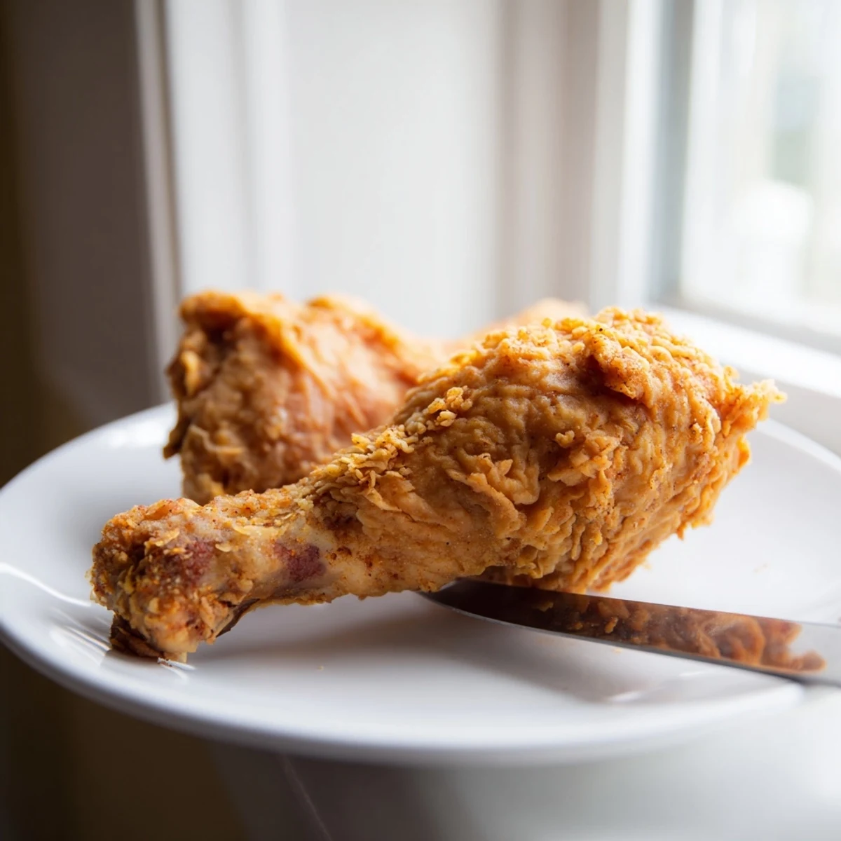 Homemade Southern fried chicken displaying deep golden crust and tender meat inside ready for serving